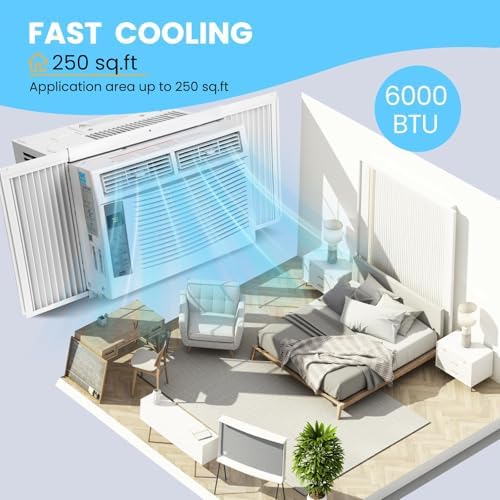 6000 Btu Window Air Conditioner Units, Fast Cooling 250 Sq.Ft. 110v Air Conditioner Window Unit With Remote Controlled, App Controlled, 50db Low Noise,6000 Btu Window Ac Unit For Room