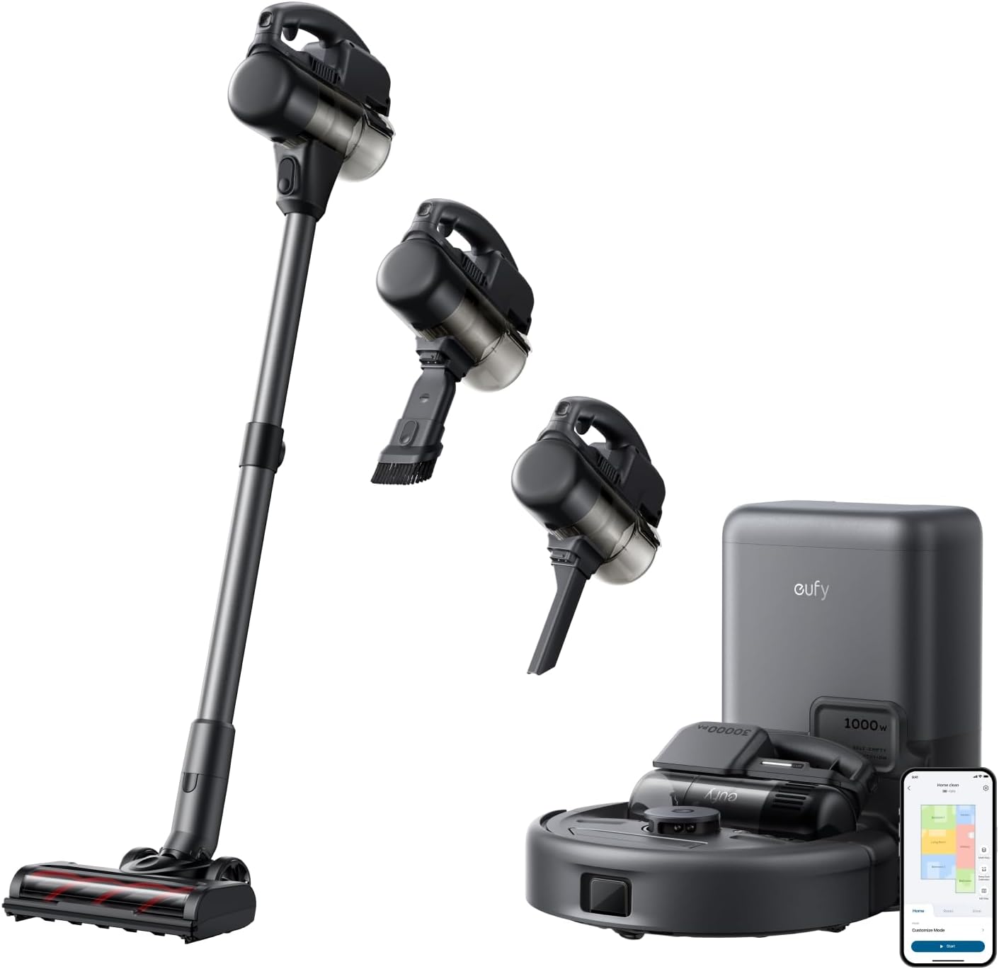 eufy Robot Vacuum 3-in-1 E20,with Versatile Stick and Handheld Vacuum Cleaner Combo,Self Emptying Up to 75 Days,Max 30,000Pa,Smart Obstacle Avoidance,Pro-Detangle,Ideal for Carpet,Crevices,Stairs