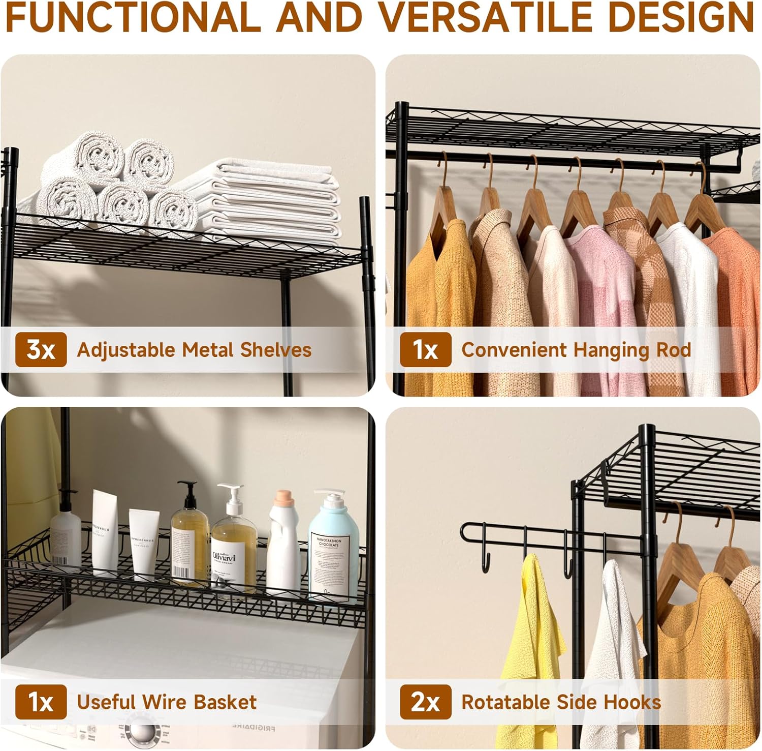 Over Washer and Dryer Storage Shelves, 4 Tiers Standing Clothes Drying Rack with Basket, Hanger Rod & Hooks for Laundry Room Storage Organization, Black
