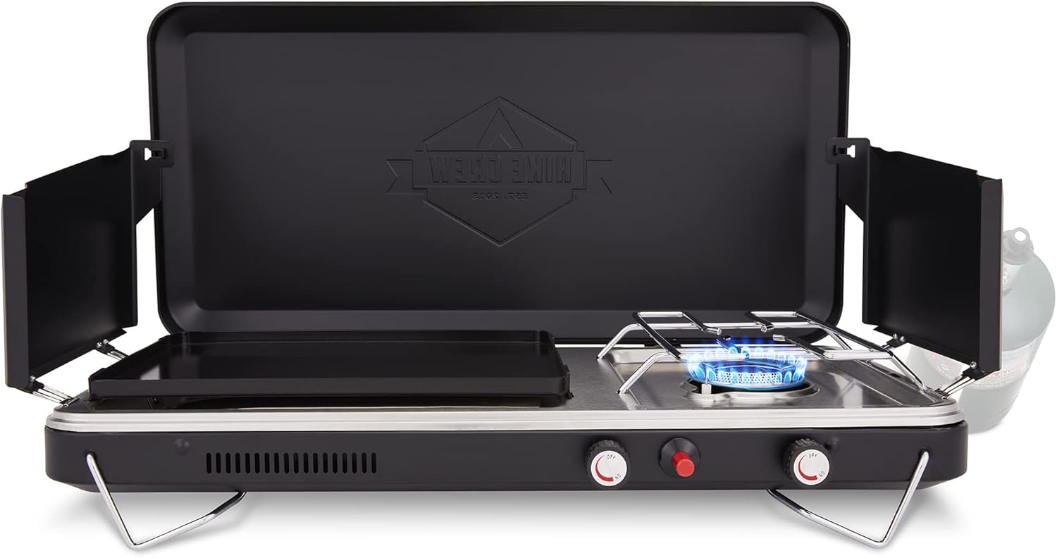 Hike Crew 2-in-1 Gas Camping Stove and Griddle, Portable Propane Burner w/Integrated Igniter & Stainless Drip Tray | Built-in Carrying Handle, Foldable Legs & Wind Panels | Includes Regulator