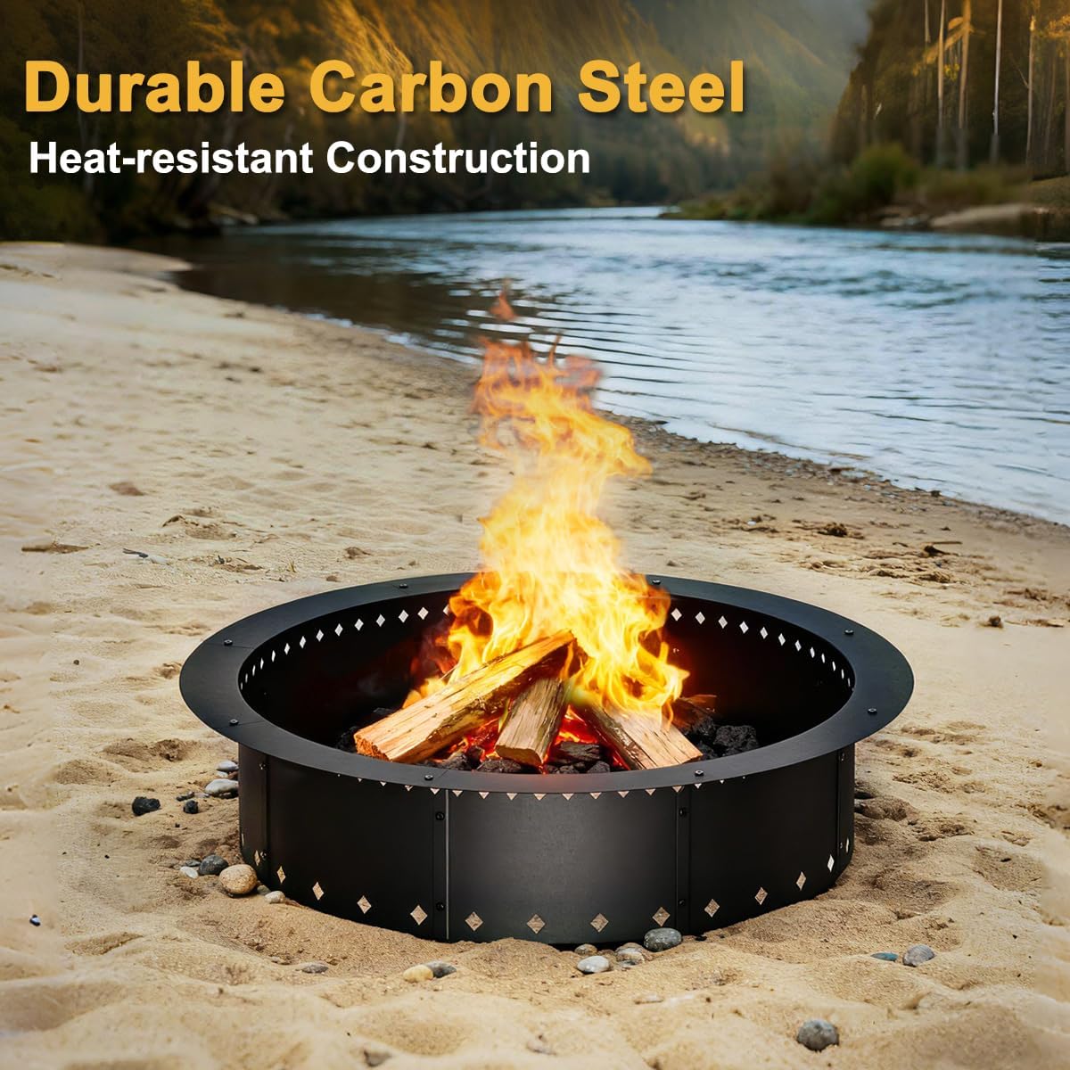 FANHAO Outdoor Fire Pit Ring, 36-Inch Outer/30-Inch Inner Fire Ring Smokeless, Wood Burning Fire Pit Ring Duty Solid Metal Steel Liner DIY Campfire Ring Above or In-Ground, Camping Patio Backyard