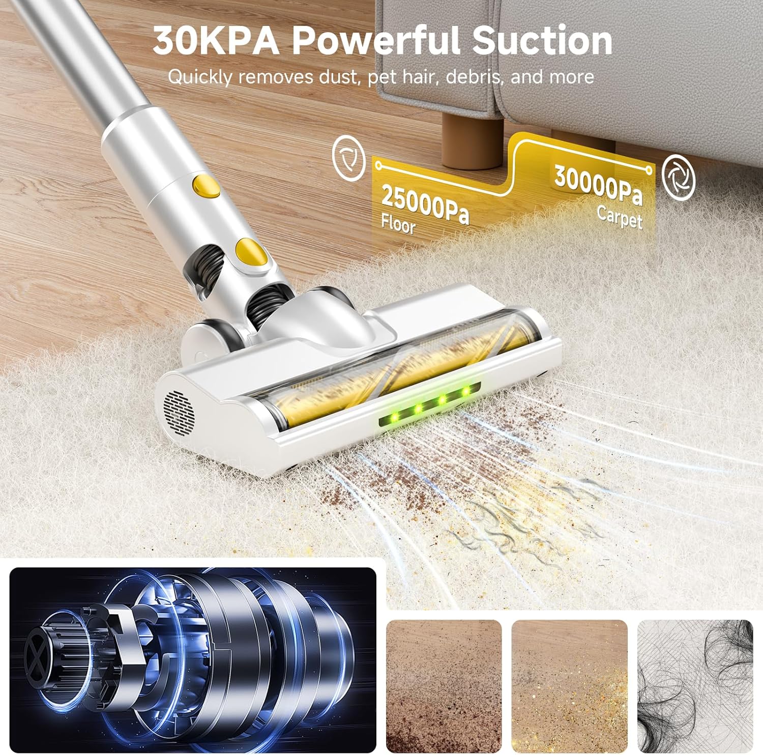 Cordless Vacuum Cleaner for Home, Powerful Stick Vacuum with Rechargeable Battery, Green Light Anti-Tangle Brush, 6-in-1 Lightweight Handheld Vacuum for Pet Hair, Hard Floor, Carpet