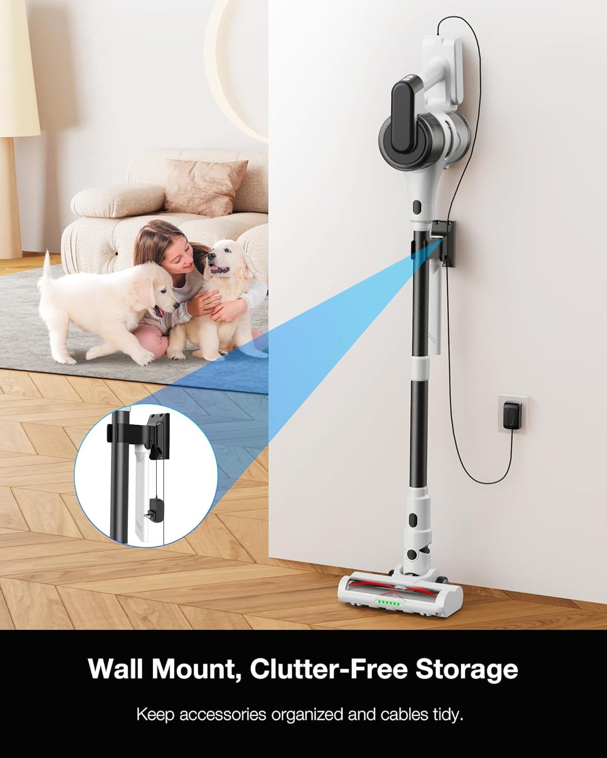 Cordless Stick Rechargeable Vacuum Cleaner, Lightweight, 55min Runtime, 20KPa Suction, Anti Tangle LED Headlight Brushless, Ideal for Carpets, Hardwood Floors, Pet Hair, and Home