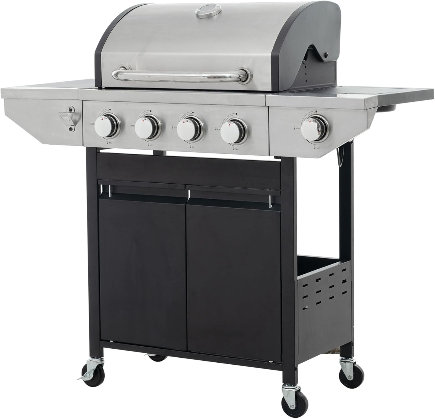4 Burner Propane Gas Grill with Side Burner, Stainless Steel Outdoor Barbecue Grills, 46,500 BTU Patio Cooking with Pulse Ignition, Temperature Gauge, Large Cooking Area for Garden and Backyard Black
