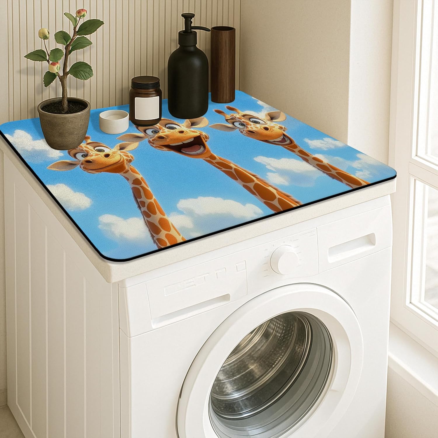 Cute Giraffe Washer Dryer Top Protector Mat, Playful Animated Animal Design Laundry Machine Dust Covers, Summer Waterproof Anti-slip Mats for Laundry Room 24x24 Inch