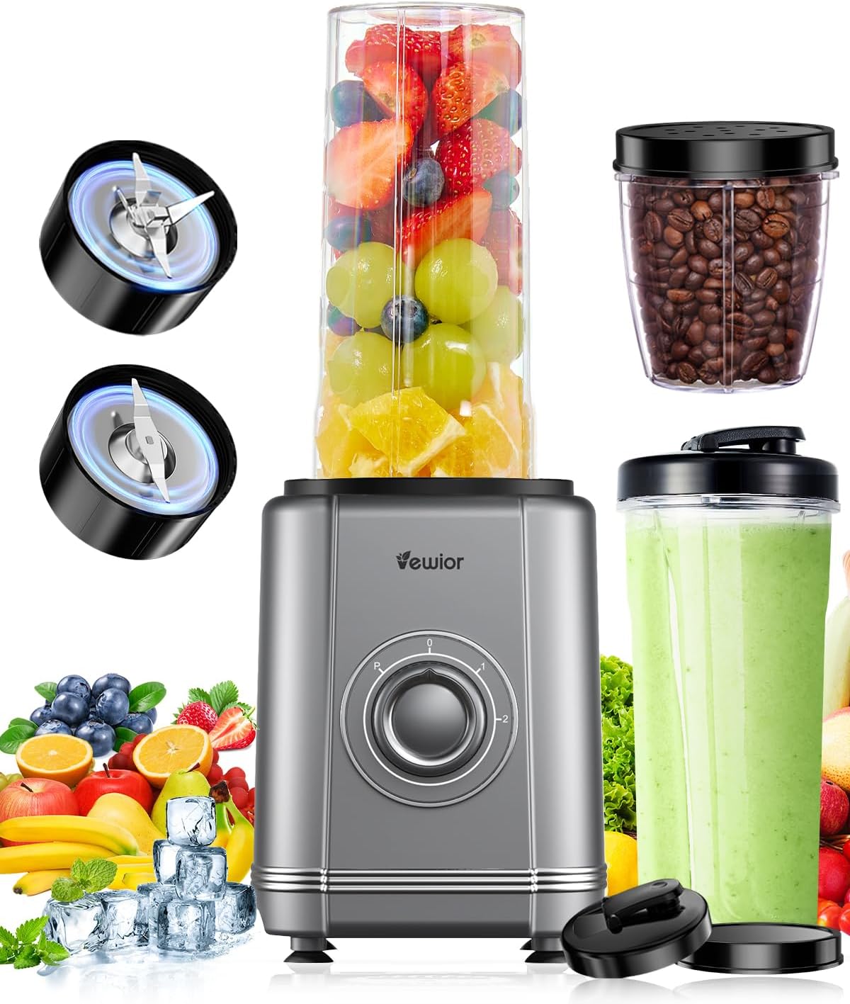 VEWIOR 1000W Blender for Shakes and Smoothies, Personal Blender with 6-Edge Blade, 22oz*2 BPA Free To-Go Cups, 3 Modes Control, Suitable for Kitchen, Ideal for Frozen Drinks, Sauces