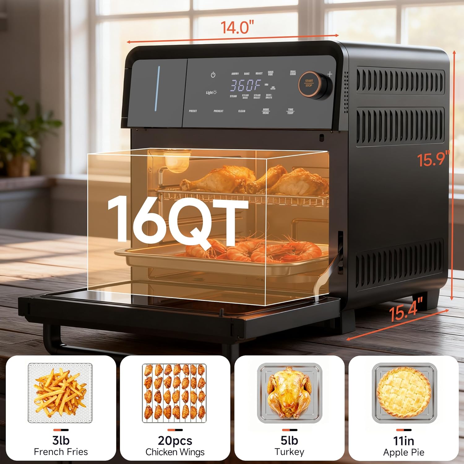 OUNIN Air Fryer Toaster Oven Combo – 11-in-1 Countertop Convection Steam Oven with Air Fryer, Steam, Dual Cook, Bake, Roast, Dehydrate, 90–430°F, Self-Cleaning, 16qt Capacity