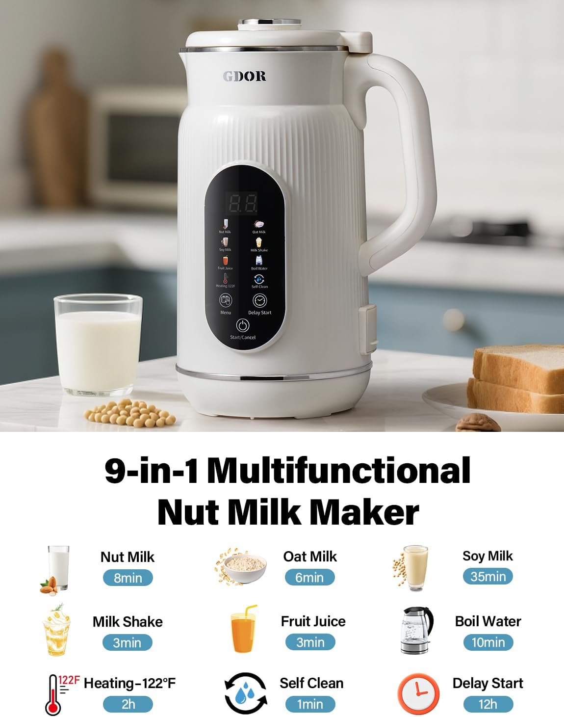 GDOR 42oz Smart Nut Milk Maker, 9-in-1 Plant Milk Machine for Almond, Oat, Soy, Juice & Smoothie, Large Touch Display Blender with Keep Warm, Boil Water, 12H Delay and Self-Cleaning