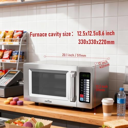 CROSSON Commercial Countertop 25L Microwave Oven W/ 10 Programmable Memory Menu,5 Power Level,3 Stage Cooking and Touch Screen Control-1000W,0.9 Cu.Ft