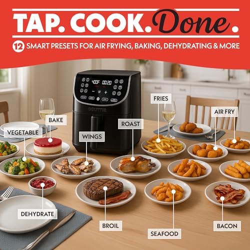 Gourmia Air Fryer - 7 Qt Large Capacity, FryForce 360º, Digital Display with 12 Presets, Roast, Bake, Broil, Dehydrate, Dishwasher Safe Accessories, Black