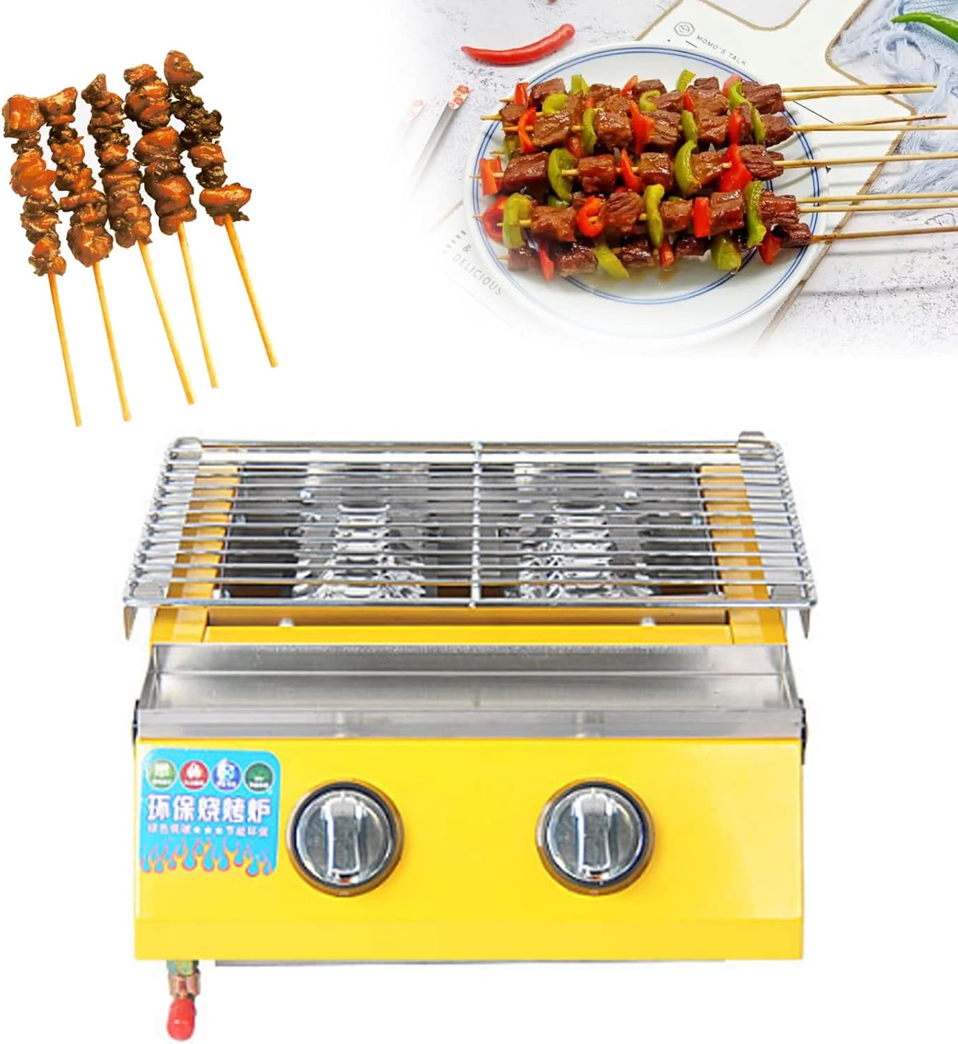 Stainless Steel Burner Gas BBQ for Outside Garden Grill BBQ with Fat Catcher, Tabletop Gas Grill Stainless Steel Two-Burner BBQ with Updated Knobs, Perfect for Camping, Picnics or Any Outdoor,Yellow