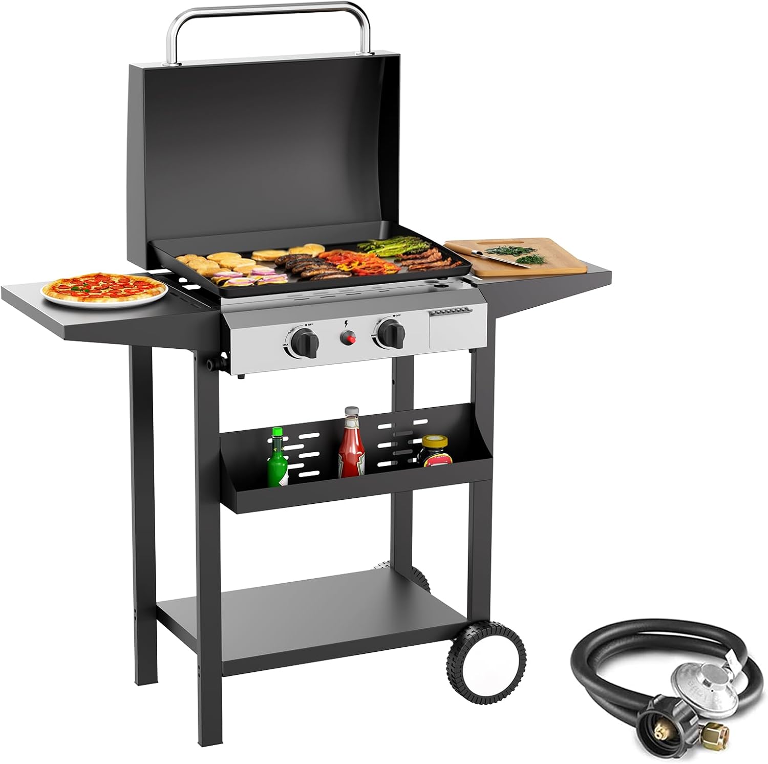 SKOK 2 Burner Outdoor Gas Griddle with Hood, Portable Flat Top Gas Grill-Table Top Propane Griddle Station with Side Shelves for Kitchen, Outdoor BBQ, Camping