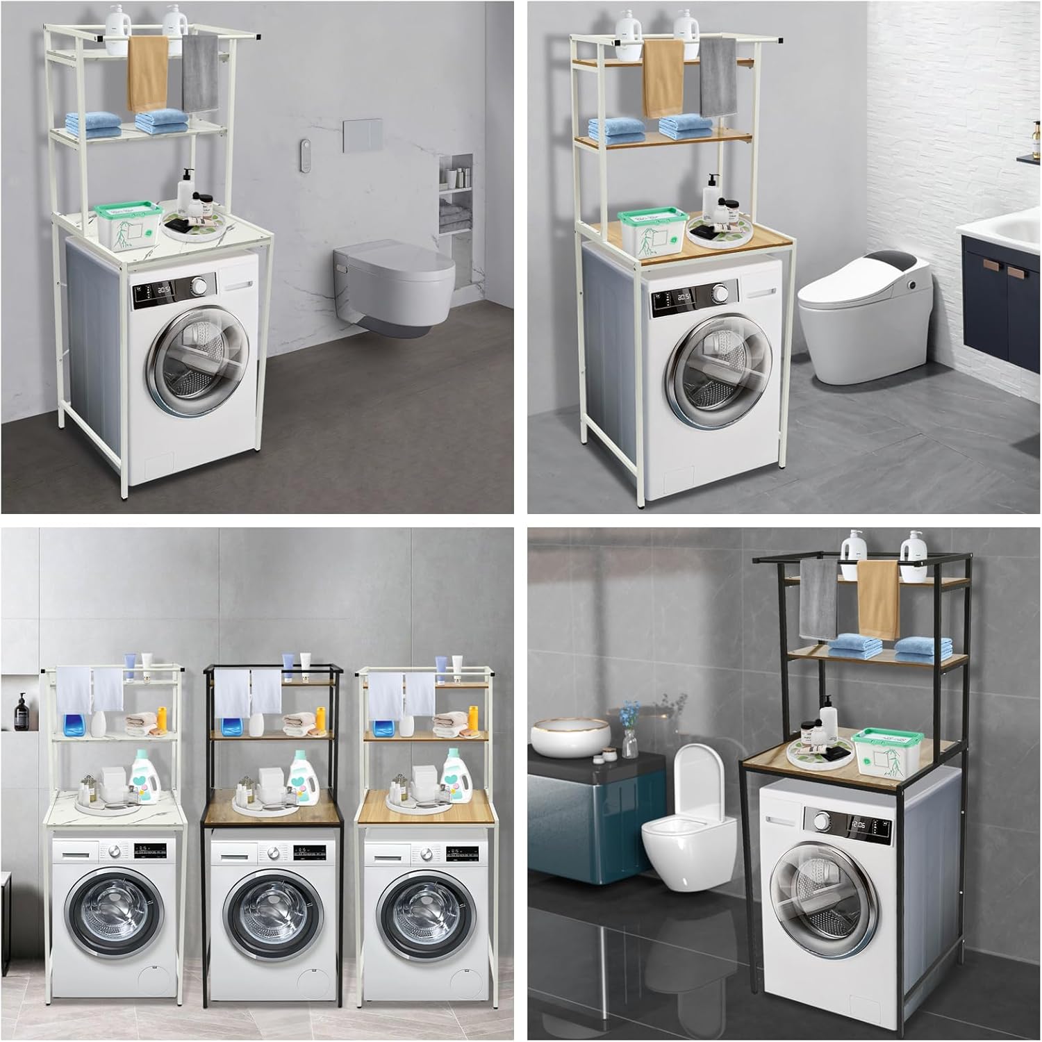 Washer Dryer Stacking Rack Stand, Dryer Storage Shelf with 3 Tiered Shelf, Space Saver Washer Dryer Storage Shelf, Universal Washer for Bathroom Laundry Room(White+ Log)