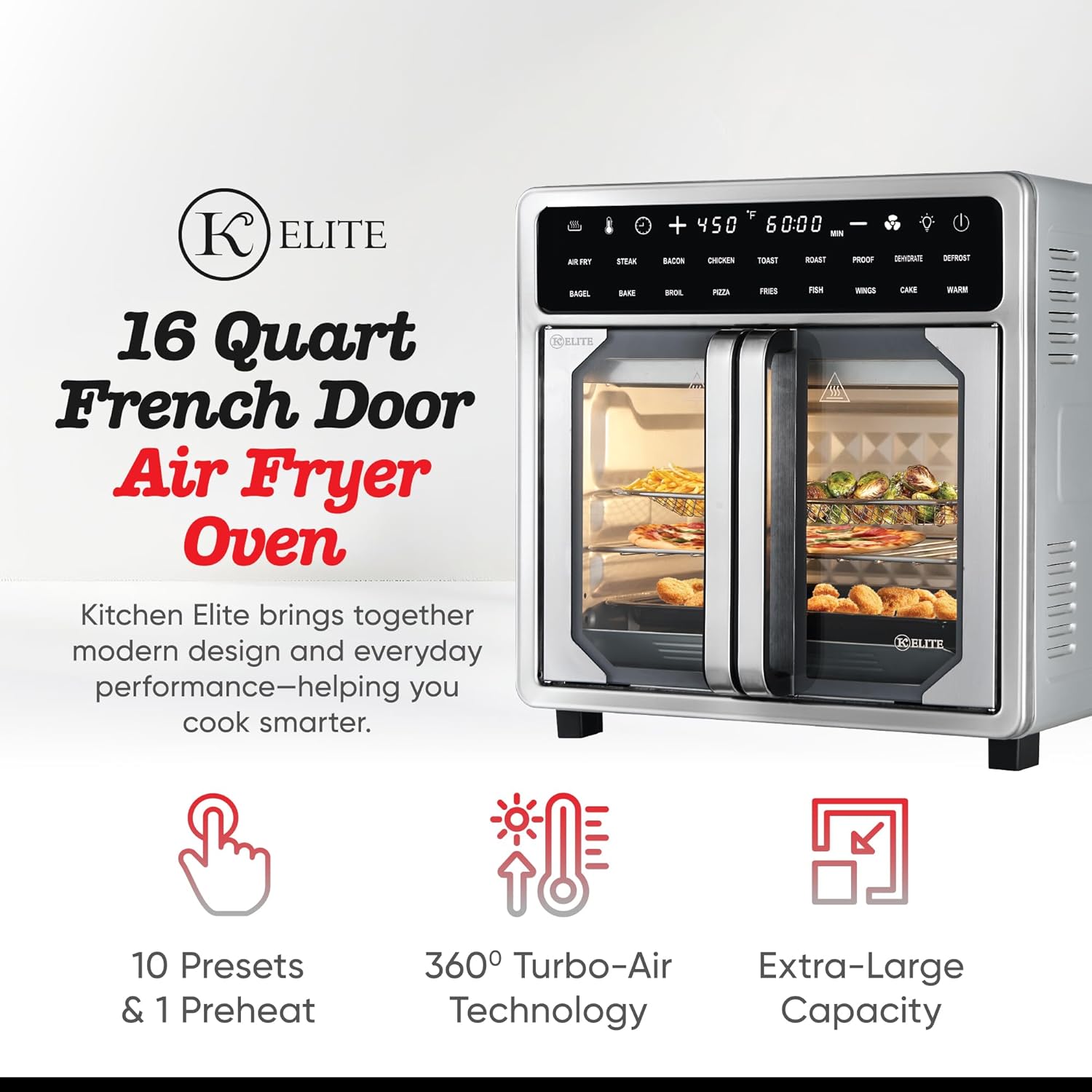 Kitchen Elite 16 Quart French Door Air Fryer Oven – Family Size Countertop Convection Cooker with LED Display, Stainless Steel