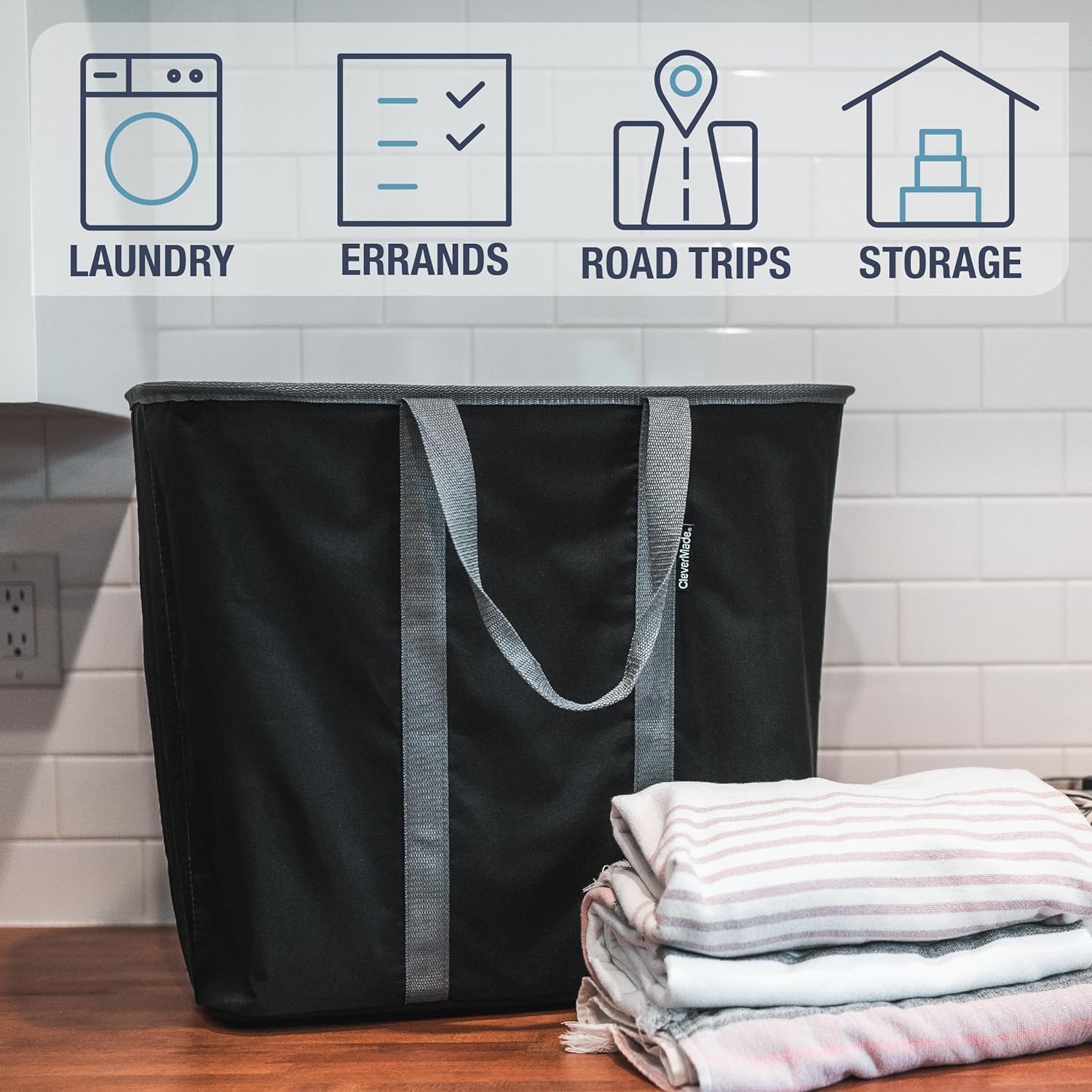 CleverMade Collapsible Laundry Basket - 64L Storage Organization Container 2Pack Midnight Black Shadow Gray - Portable Heavy-Duty Handles for laundry and Apartment Space-Saving