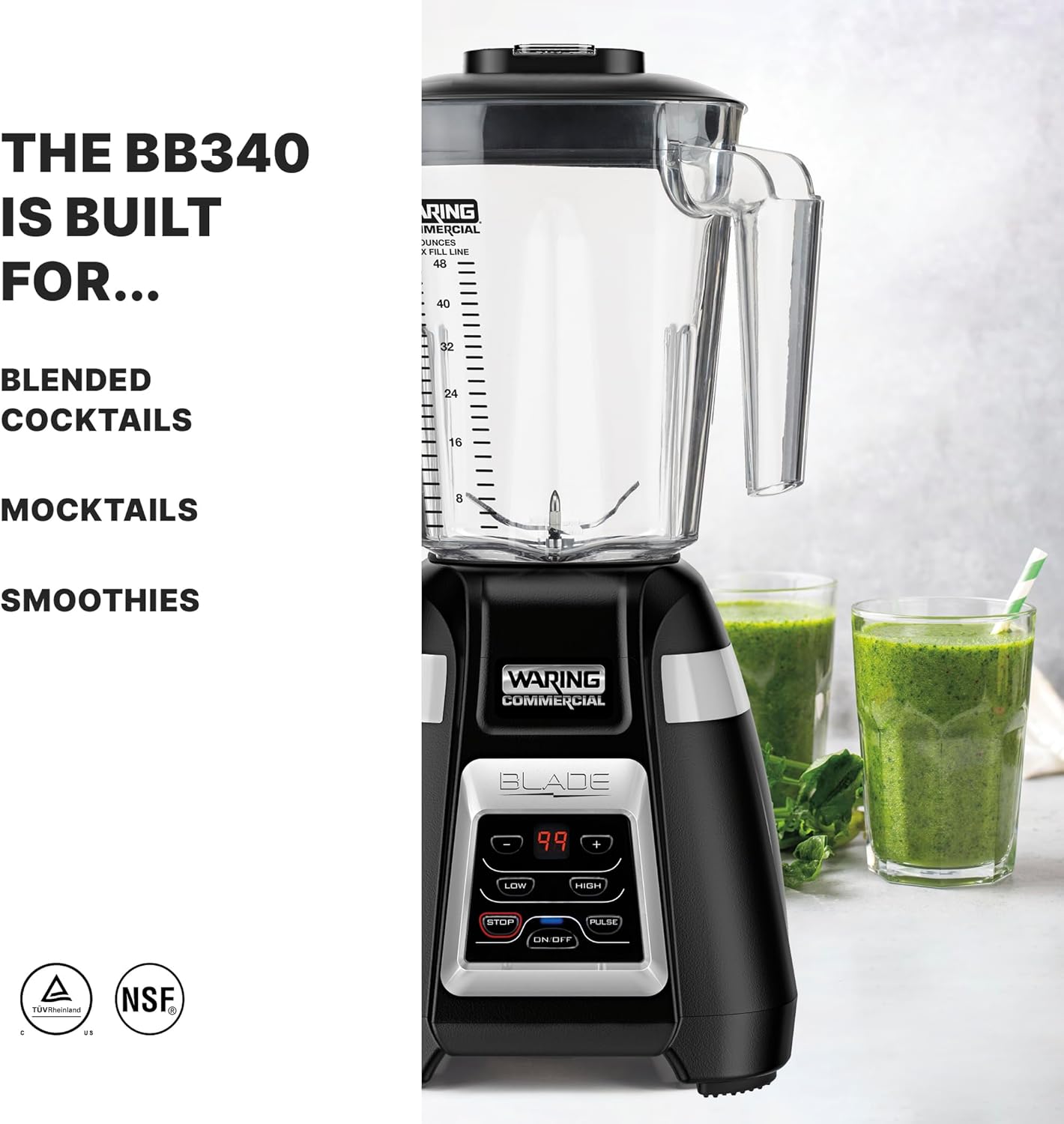 Waring Commercial BB340 Blade 1 HP Blender, 2-Speed Key Pad with Pulse and 99 Second Countdown Timer , 48 oz BPA Free Copolyster Container, 120V, 5-15 Phase Plug, Black