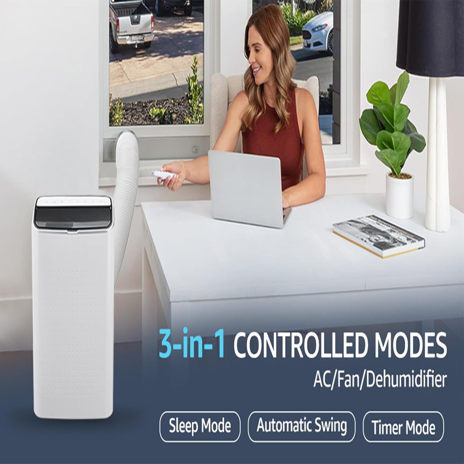 Efficient 3 in-1 Portable Air Conditioner - 14000 BTU Cooling, Whisper-Quiet Operation, 24-Hour Timer, Moveable Wheels, and Easy-to-Use Controls