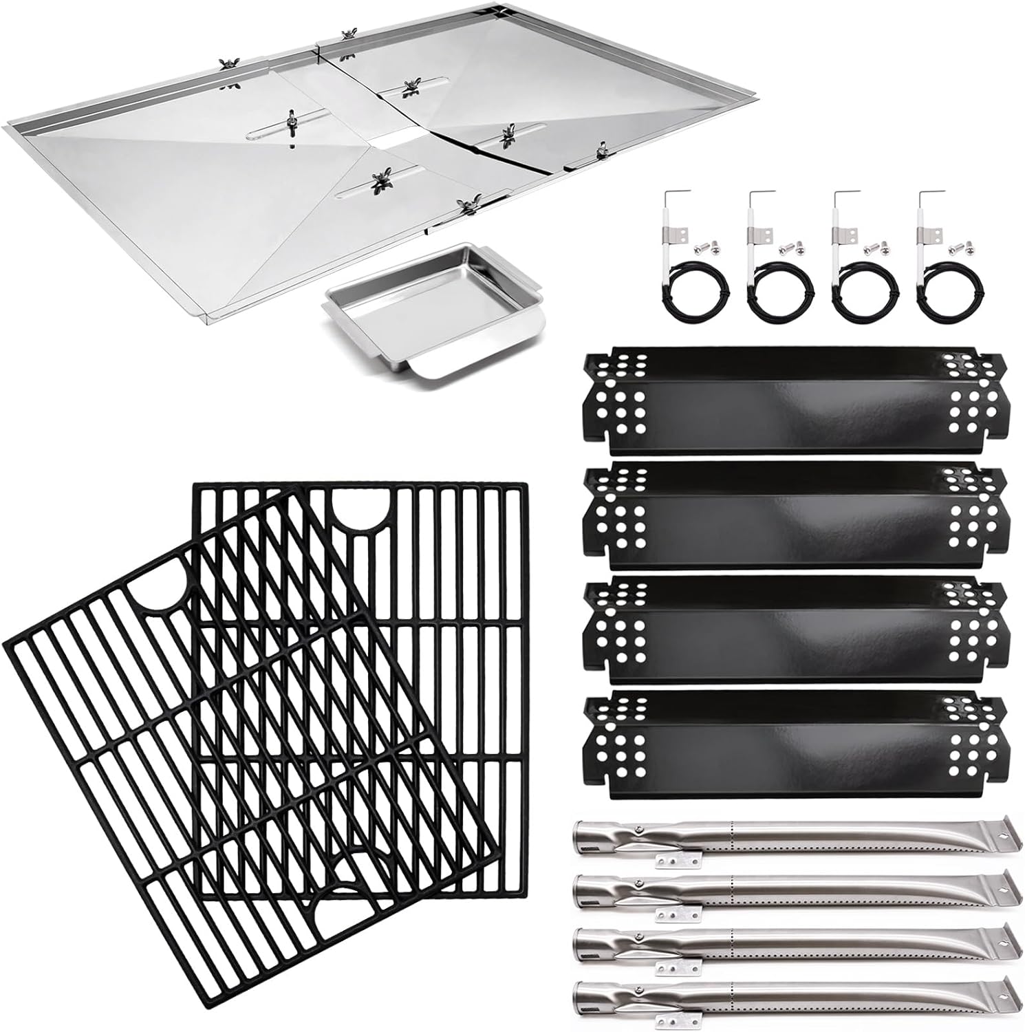 Grill Replacement Parts for Nexgrill 720-0830H, 720-0830D, 17'' Cast Iron Grill Grates, Heat Shield Plates, Burner Tubes, Igniters, 24