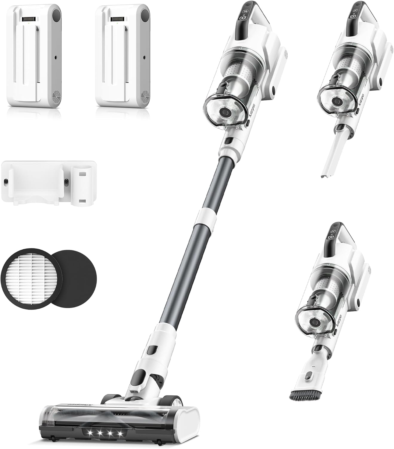 Cordless Vacuum Cleaner, 2 Batteries 130 Mins Runtime 600W 50Kpa Stick Vacuum Cordless, Self-Standing Vacuum Cleaners for Home with 2.5H Fast Charging, for Floor/Carpet/Pet Hair, White