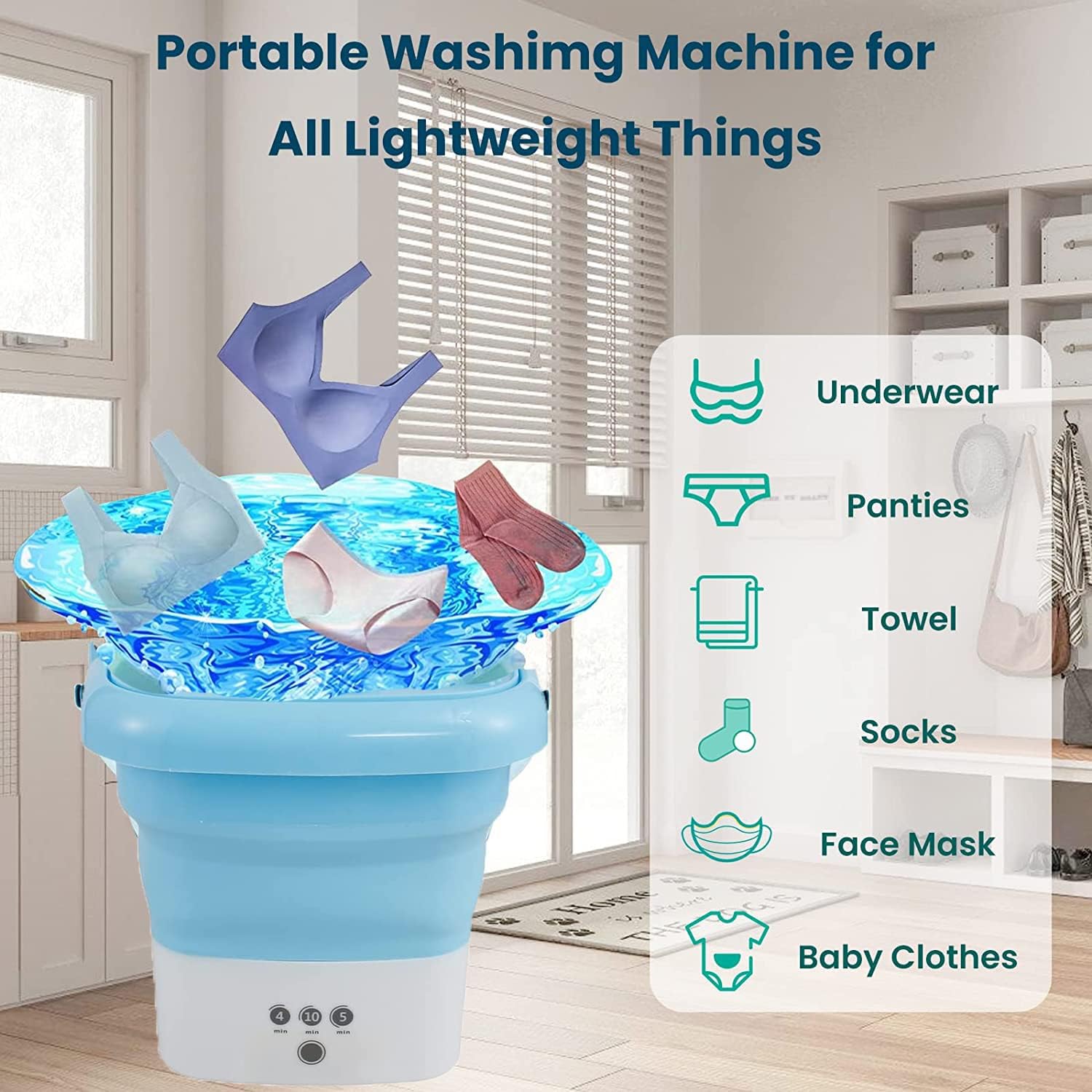 Portable Washing Machines,Small Washing Machine,Mini Washing Machine with Drain Basket Foldable Reusable Ultrasonic Washing Machine Portable Small Timer Laundry for Home Travel (1)