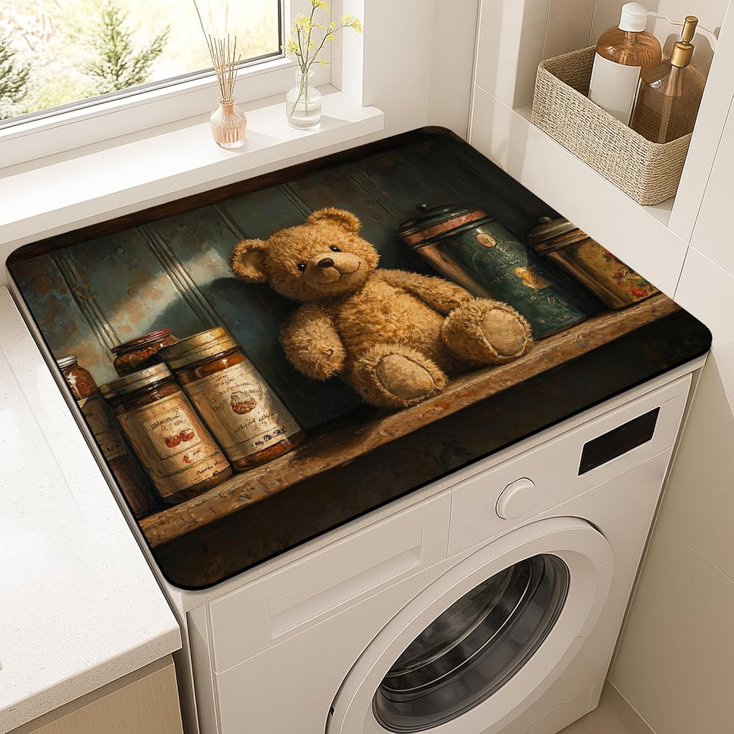 Vintage Bear Washer Dryer Top Protector Mat, Rustic Bear Laundry Machine Dust Cover, Soft Anti-slip Waterproof Mats for Laundry Room 20x24 Inch