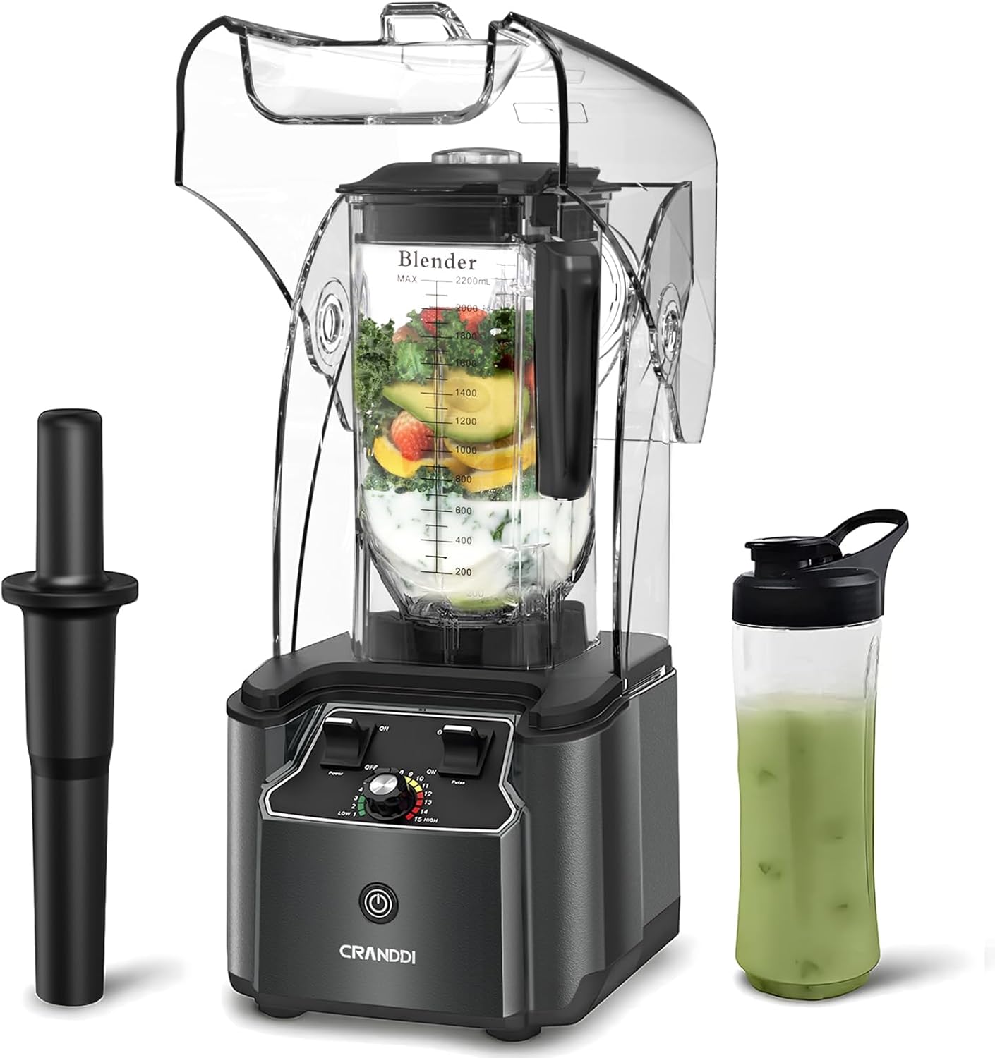 CRANDDI Commercial Quiet Blender, 2200 Watt Professional Countertop Blender with 80oz Pitcher, Built-in Pulse & 15-speeds Control, Smoothie Blender for Commercial and Home, K90 Grey