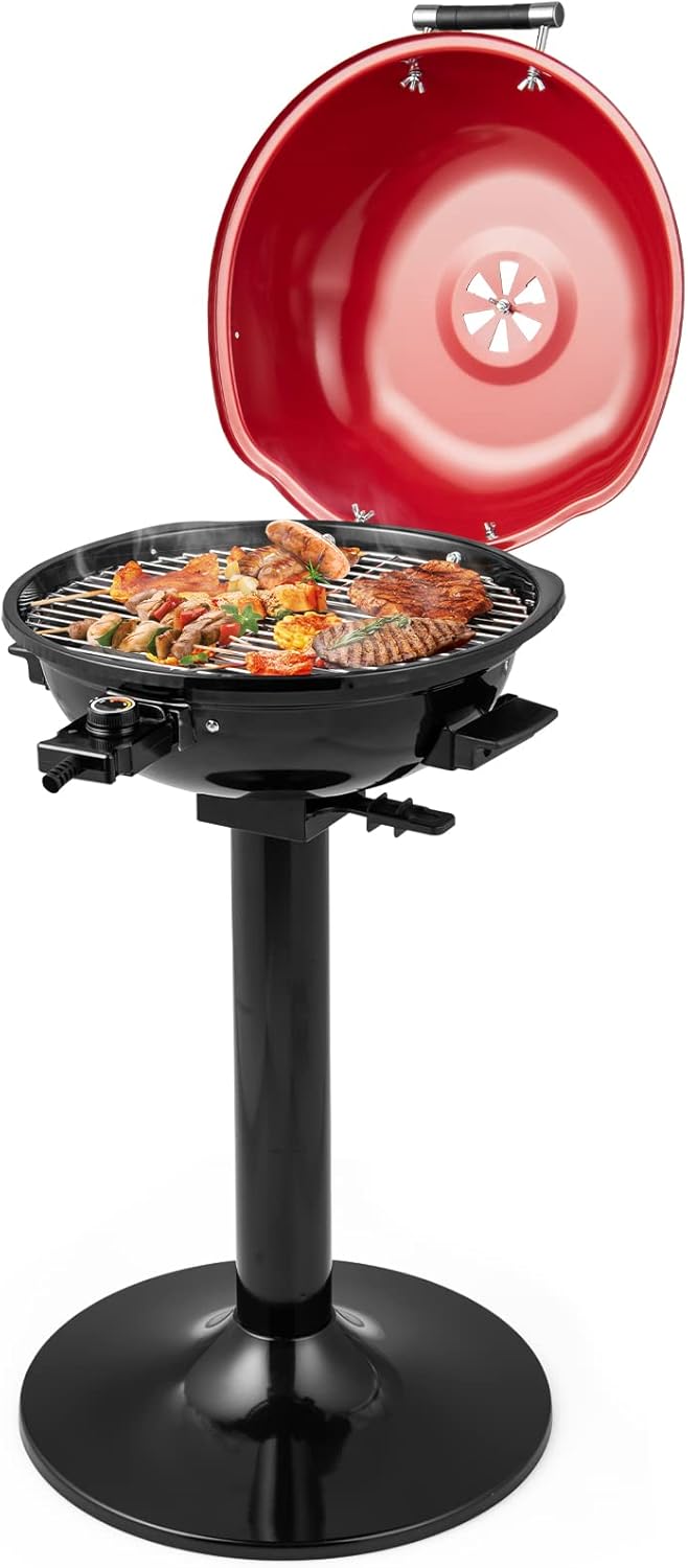 ORALNER Electric Grill Outdoor/Indoor, 15- Serving Electric Barbecue Grill w/Round Lid, Removable Non-Stick Grilling Rack, Oil Drip Tray, 1600W Portable Standing BBQ Grill for Apartment Balcony Patio