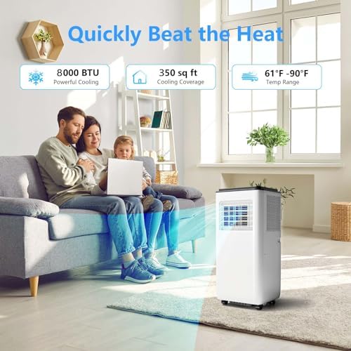 8000Btu Portable Air Conditioner with Remote Control, Powerful Cooling Up to 350 sq ft,Quiet AC Unit with Cool, Dehumidifier & Fan Mode,24 Hour Timer, Window Installation Kit for Home, Office