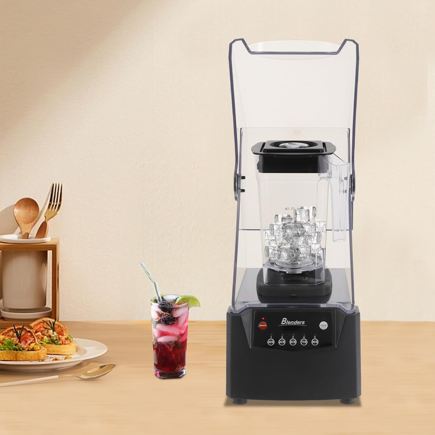 Blender - 2600W Professional Commercial Blender with Sound Enclosure, Self-Cleaning & Quiet Operation, 0.48 Gal for Smoothies/Ice (110V)