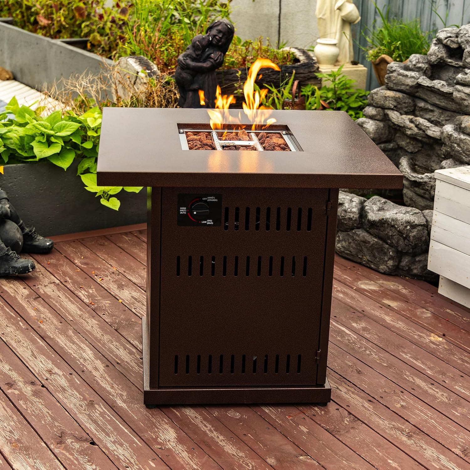 28in 50000BTU Propane Fire Pit Table with Steel Lid and Volcanic Rocks Adjustable Flame for Patio Deck Garden Brown Finish