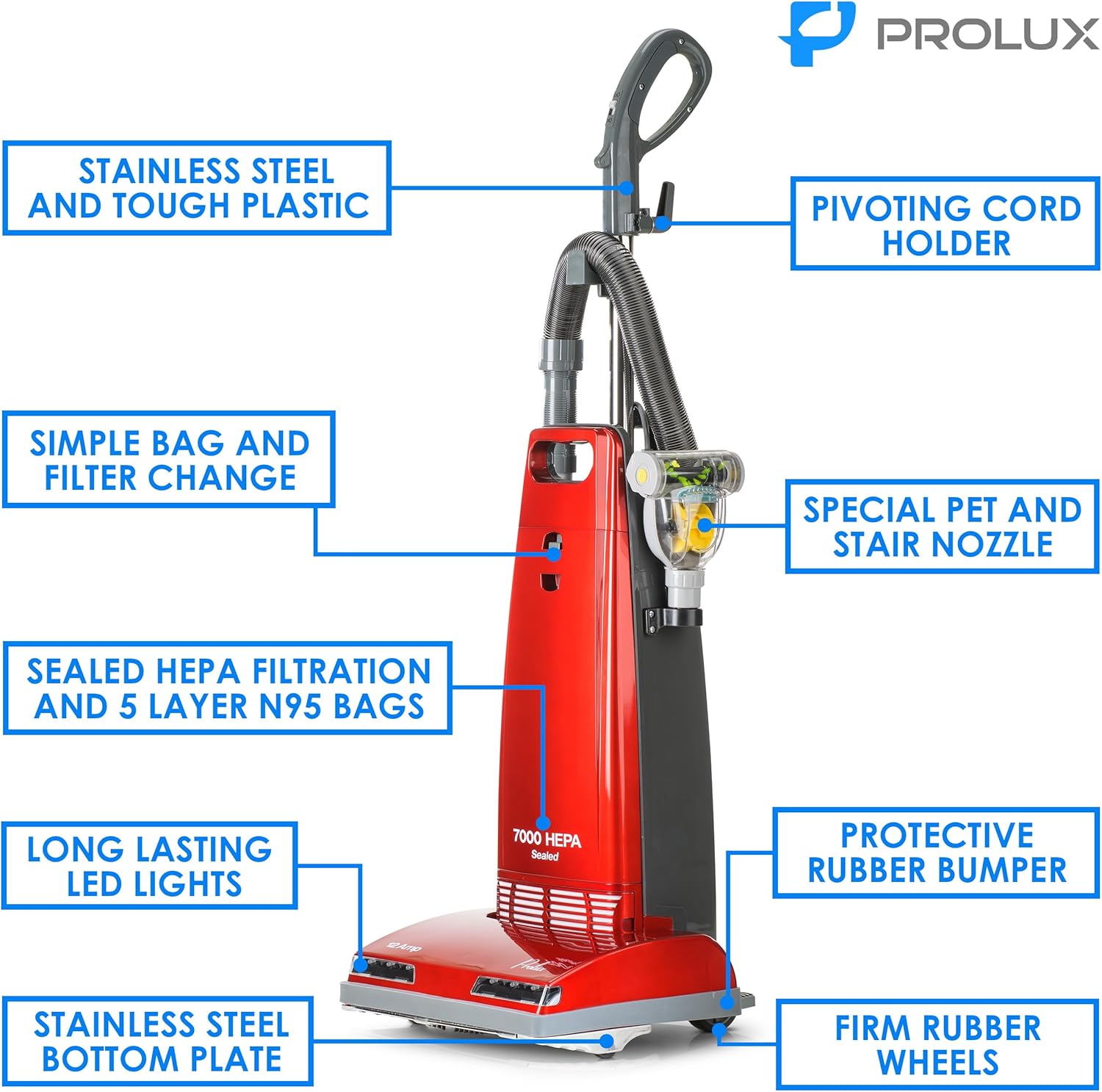 Prolux 7000 Upright Vacuum – Powerful True HEPA Filtration, Bagged Dust Chamber, Stainless Steel Brush Roll, Onboard Tools