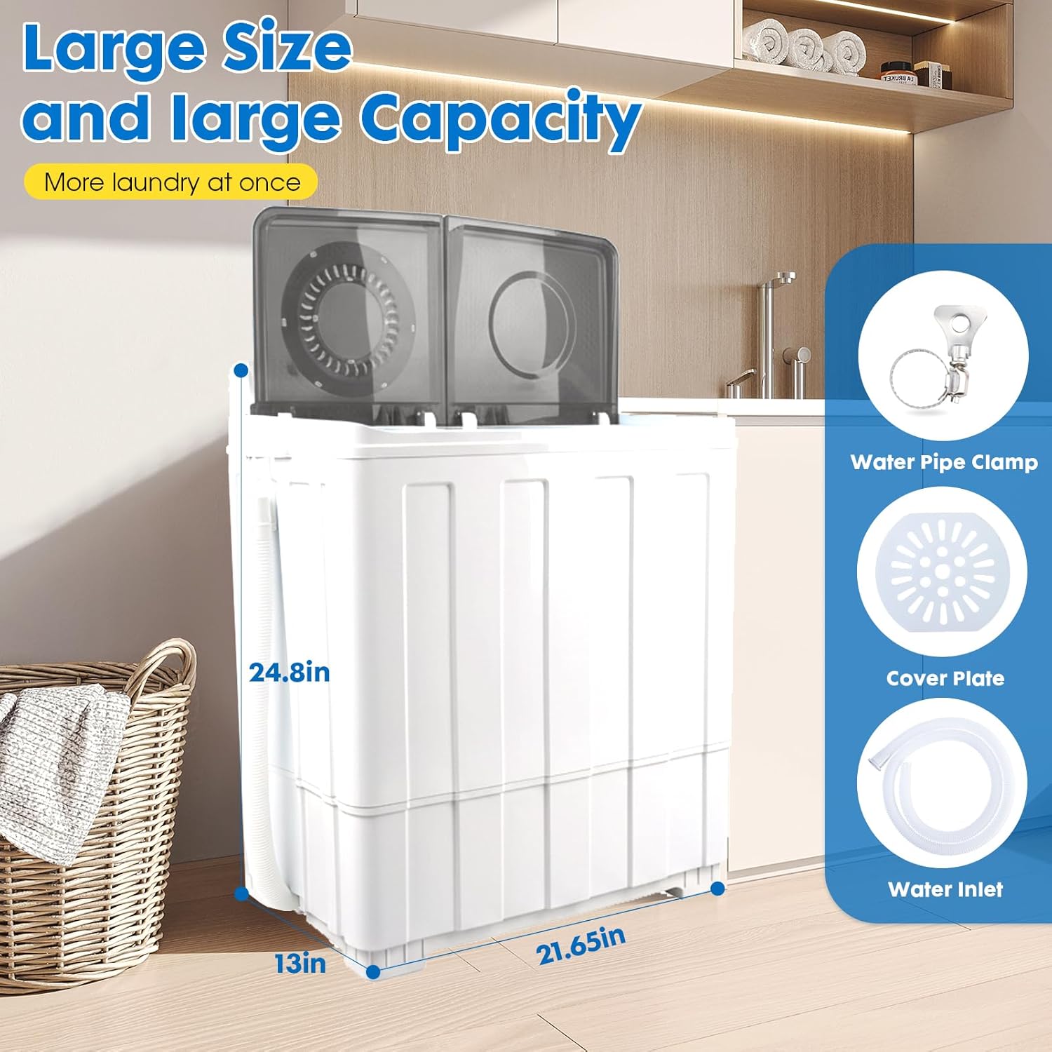 Portable Washing Machine Twin Tub - 14lbs Compact Washer (9,5lbs) and Spinner Dryer (4.5lbs) Combo with Drain Pump - Semi Automatic Washing Machine for Apartments, Dorms, RVs, Camping - Grey