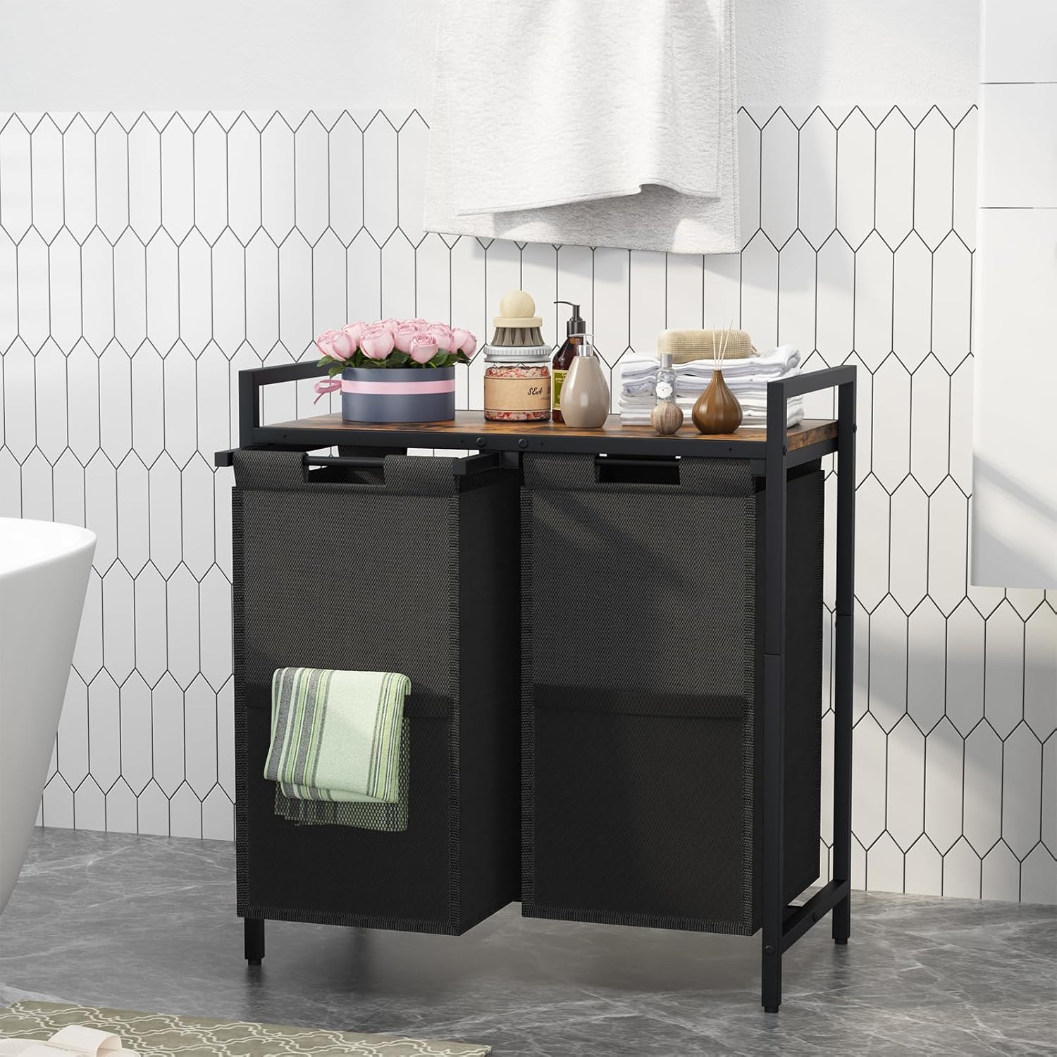 Laundry Hamper, double Laundry Basket, Laundry Sorter with Top Shelf & 2 Removable Washable Bags & Side Pockets for Laundry Room organization, Bathroom and Dorm, Rustic Brown and Black