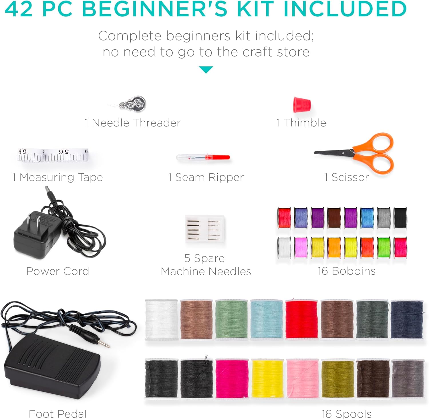 Best Choice Products Compact Sewing Machine, 42-Piece Beginners Kit, Multifunctional Portable 6V for Beginner w/ 12 Stitch Patterns, Light, Foot Pedal, Storage Drawer - Gray/White