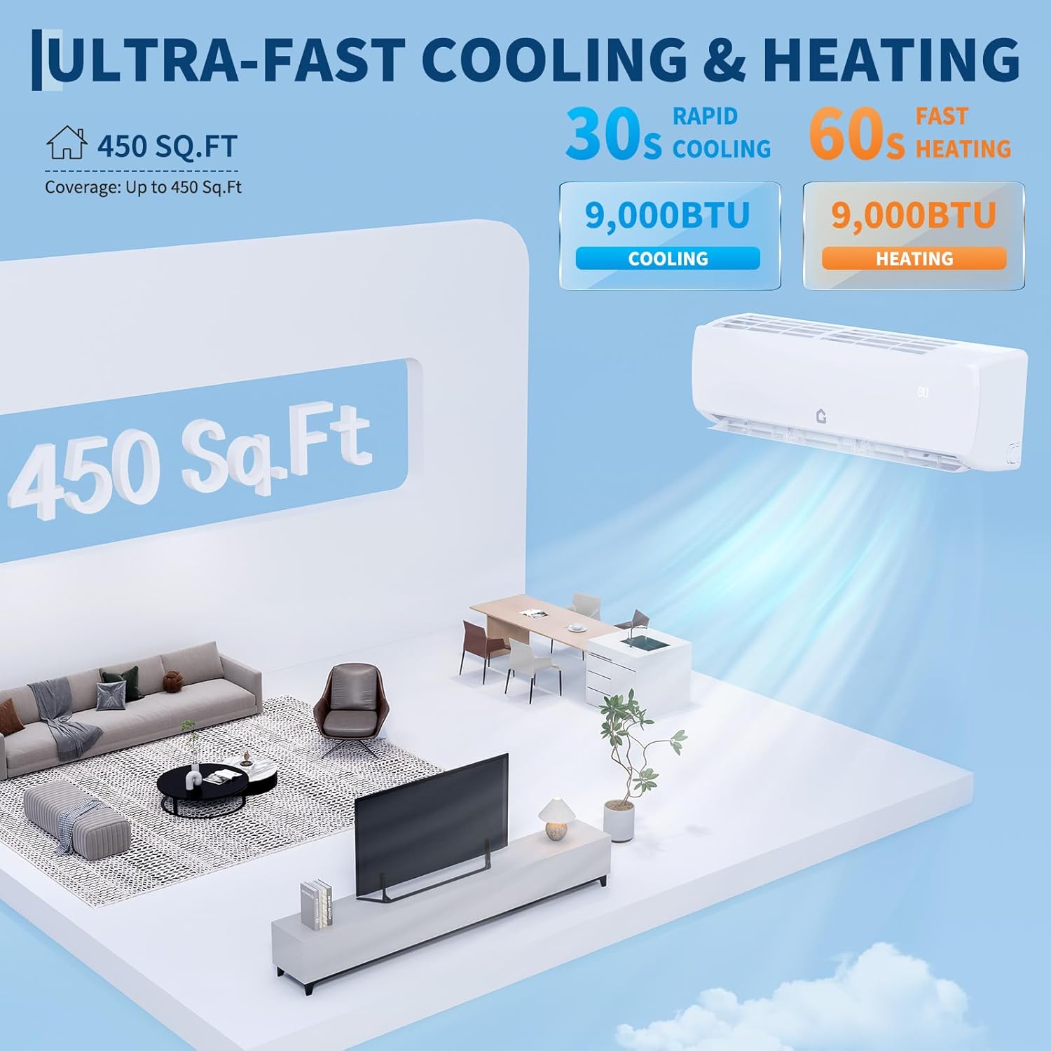 Garvee 9000 BTU Mini Split AC/Heating System, 19 SEER2 Inverter Split System Air Conditioners, Ductless Wall Mount Heat Pump, AC Unit Cool Up to 450 Sq. Ft, Installation Kits, 115V