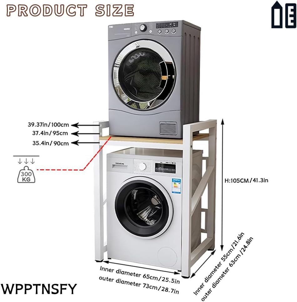 Washer Dryer Stand Stacking Kits, Height Adjustable Dryer Stand Kit, Over Washer Storage Rack Unit for Front Loader Washing Machines, Load Capacity 300kg, for Balcony Laundry Room