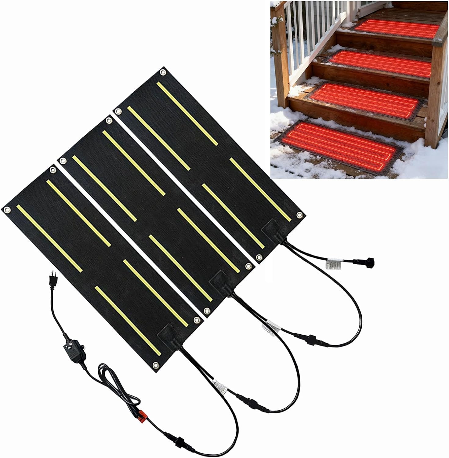 Heated Snow Melting Mats,Winter Rubber Heated Non-Slip Snow Melting Mats,2in/h Melting Speed,for Snow Removal Stairs Steps Driveway Walkway(Size:10 * 48in,Color:3 Piece)