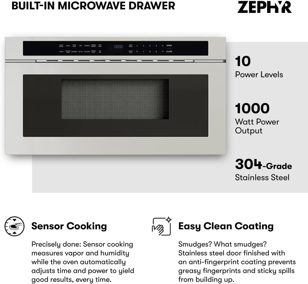 Zephyr 30 inch Built In Drawer Microwave Oven Under Cabinet - Integrated, Wall Mount, Under Counter Pull Out Microwave Drawer 1.2 cu ft, Preset Cooking Options, Easy Clean Coating, 1000W