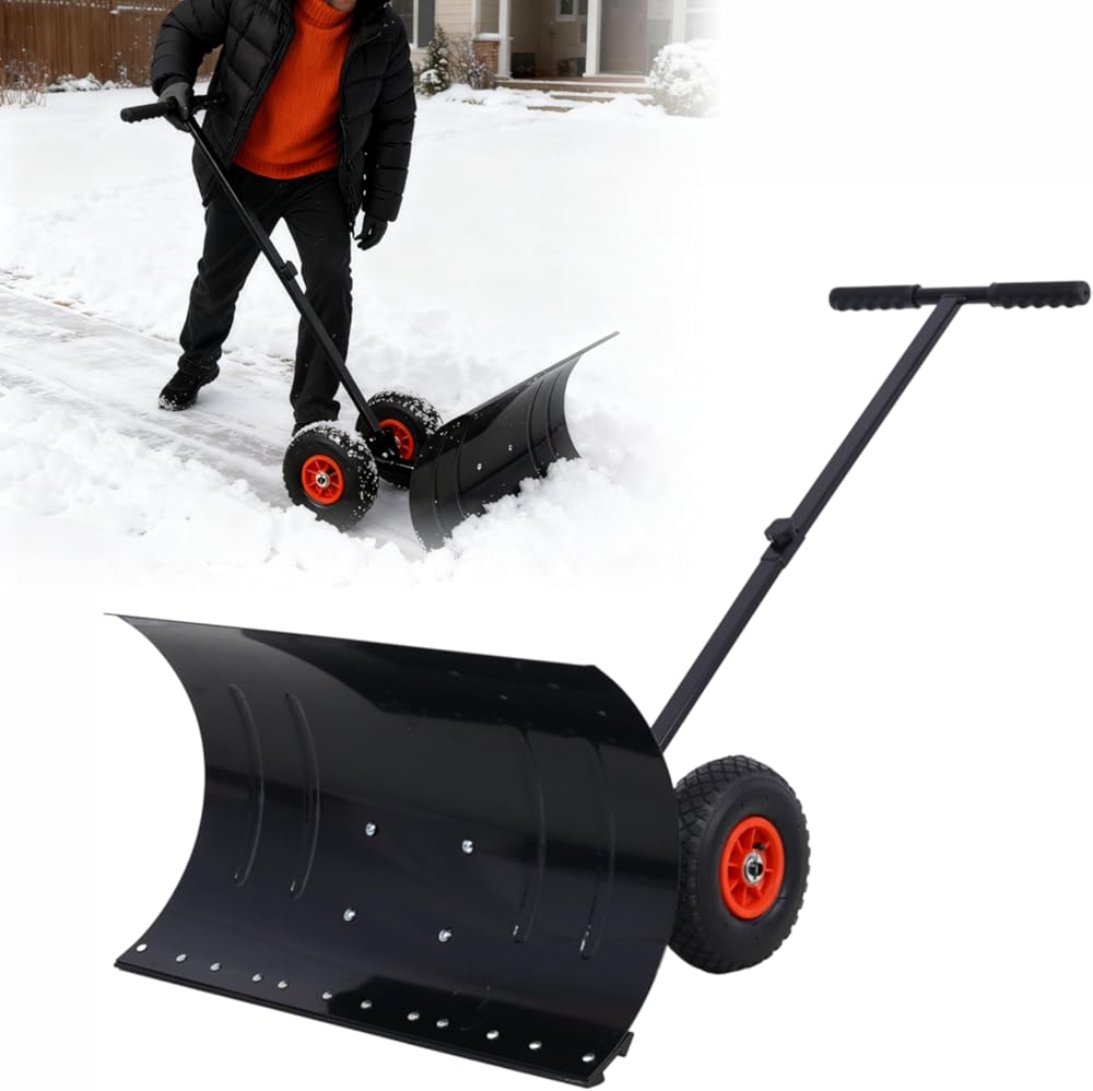 Snow Pusher Shovel for Driveway with Wheels, 29