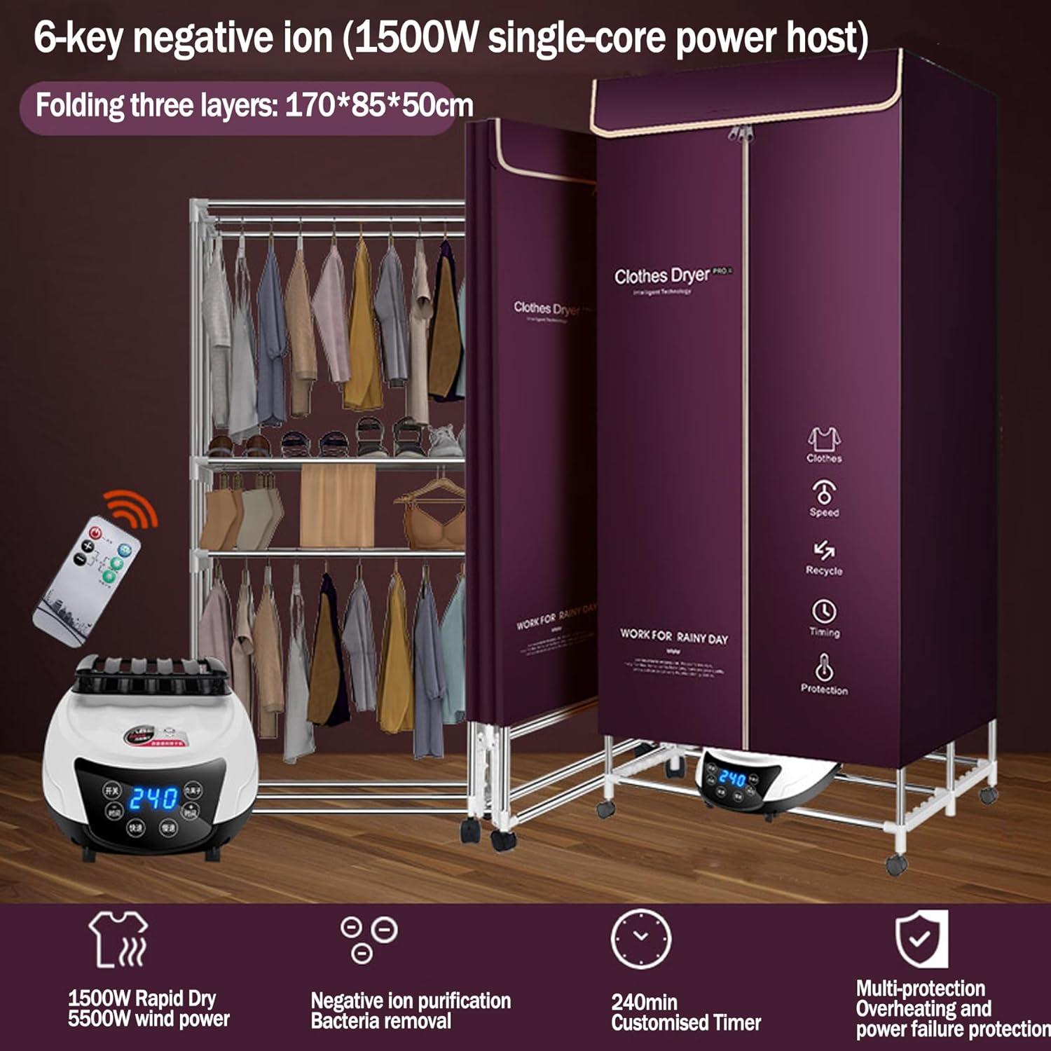 Portable Clothes Dryer Electric Drying Racks, Fast Dry Clothes Drying Rack Machine, with Warm Air Drying Wardrobe with Dustproof Cloth Curtain for Apartments Home Laundry