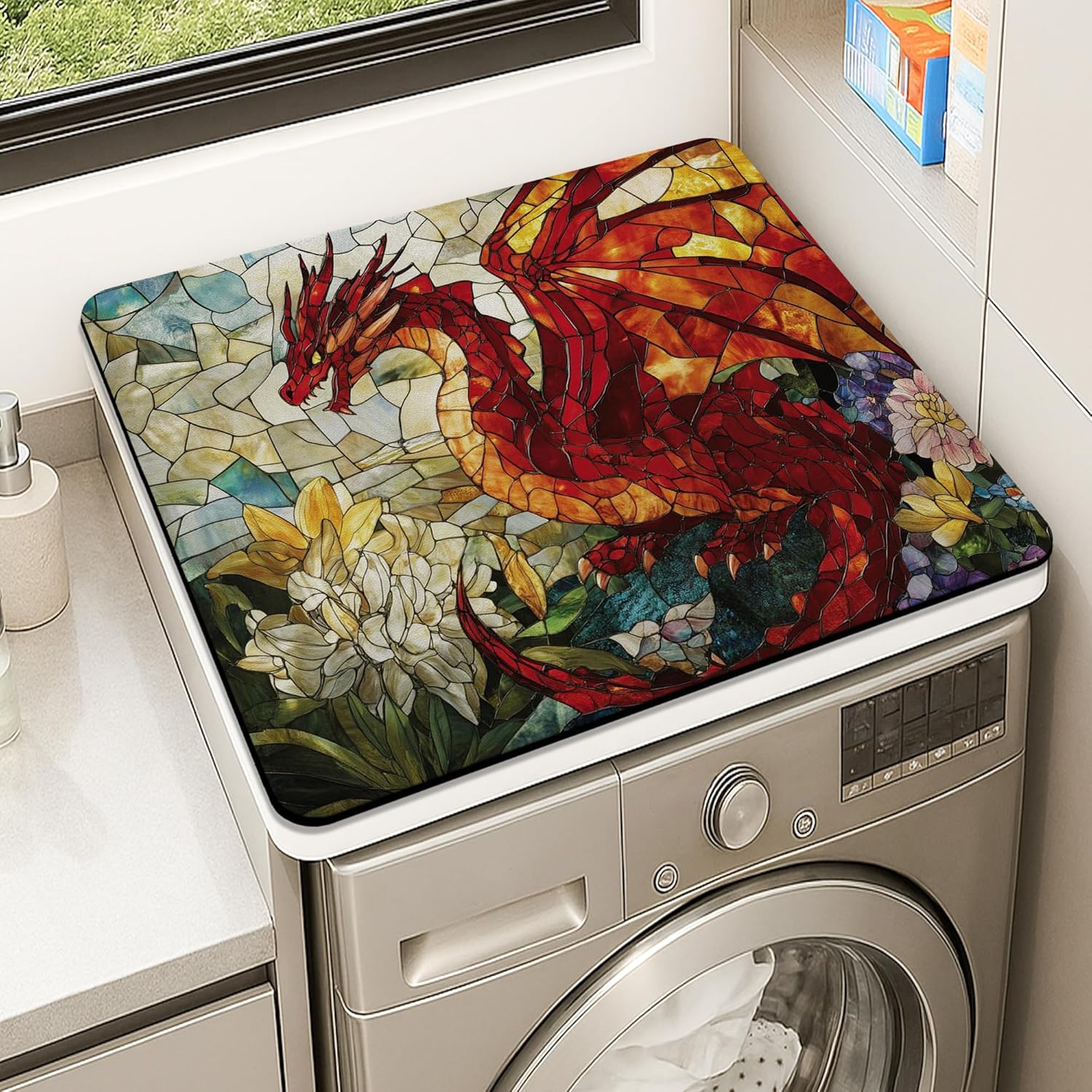 Stained Glass Dragon Washer Dryer Top Protector Mat, Red Fantasy Artwork Laundry Machine Dust Cover, Rubber Anti-slip Waterproof Mats for Home Decor 24x24 Inch