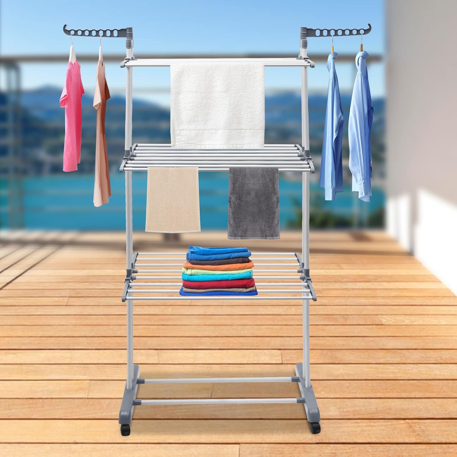 4-Tier Gray Foldable Clothes Drying Rack Rolling Dryer Hanger Stand Outdoor Washing Line Clothes Dryer Storage Rack Metal Laundry Garment Dryer Stand with 2 Side Wings, Bedroom Balcony Use (Gray)