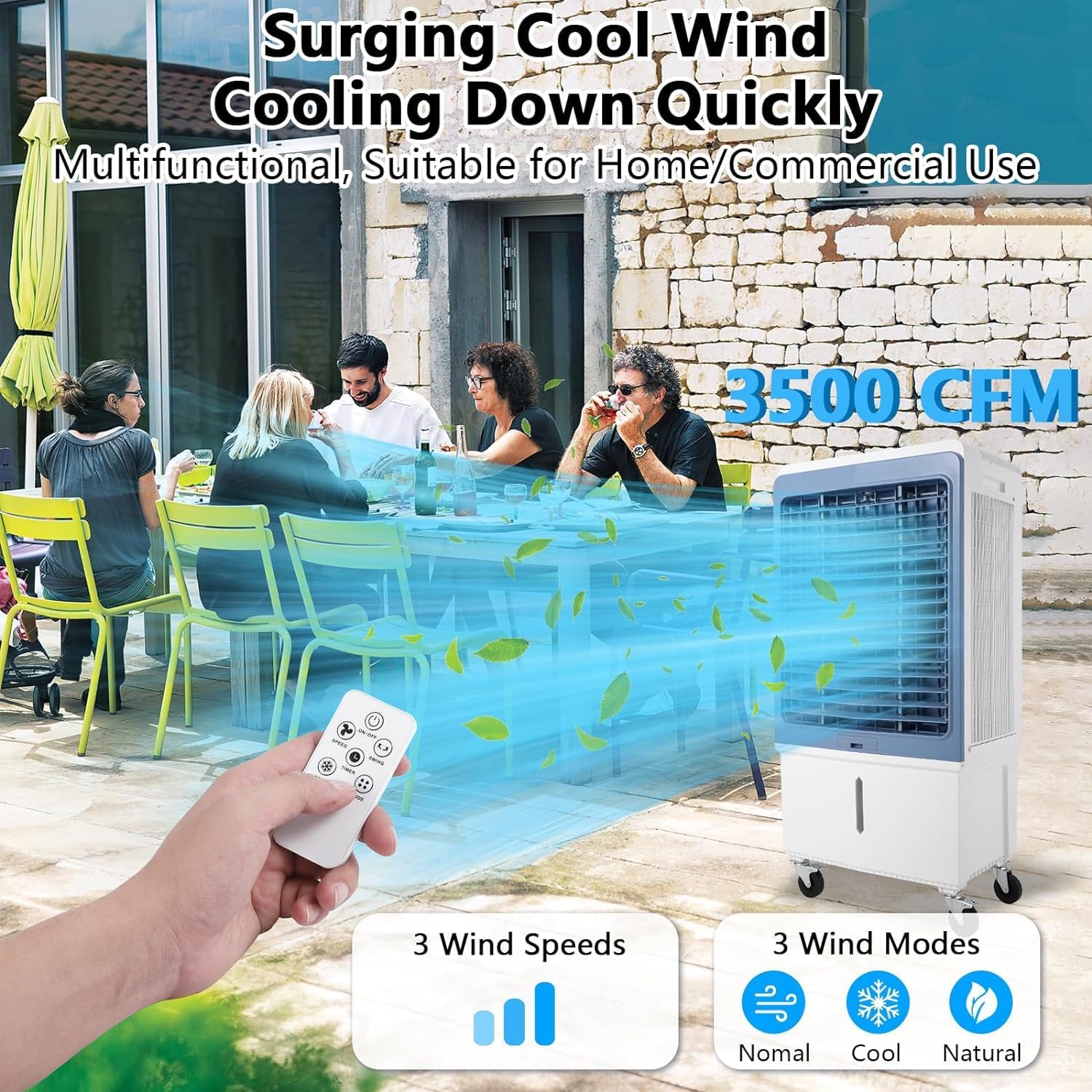 Evaporative Air Cooler, 4100CFM Swamp Cooler Air Conditioner with 4 Ice Packs & Remote Control, 3 Modes & Wind Speeds, 12H Timer, 8.4 Gallon Water Tank, for Outdoor, Indoor, Garage (13.2 Gallon)
