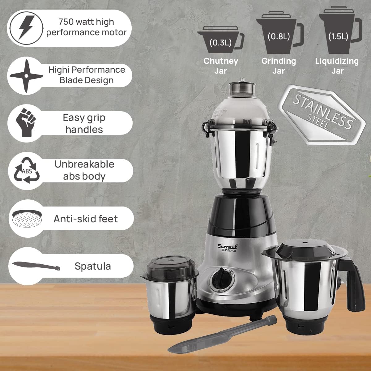 Sumeet Tradtional 750 Watts / 110V Mixer Grinder with 3 Stainless Steel Jars Countertop, Blender Indian Mixer Grinder For Canada/USA (Amica BlackGrey)