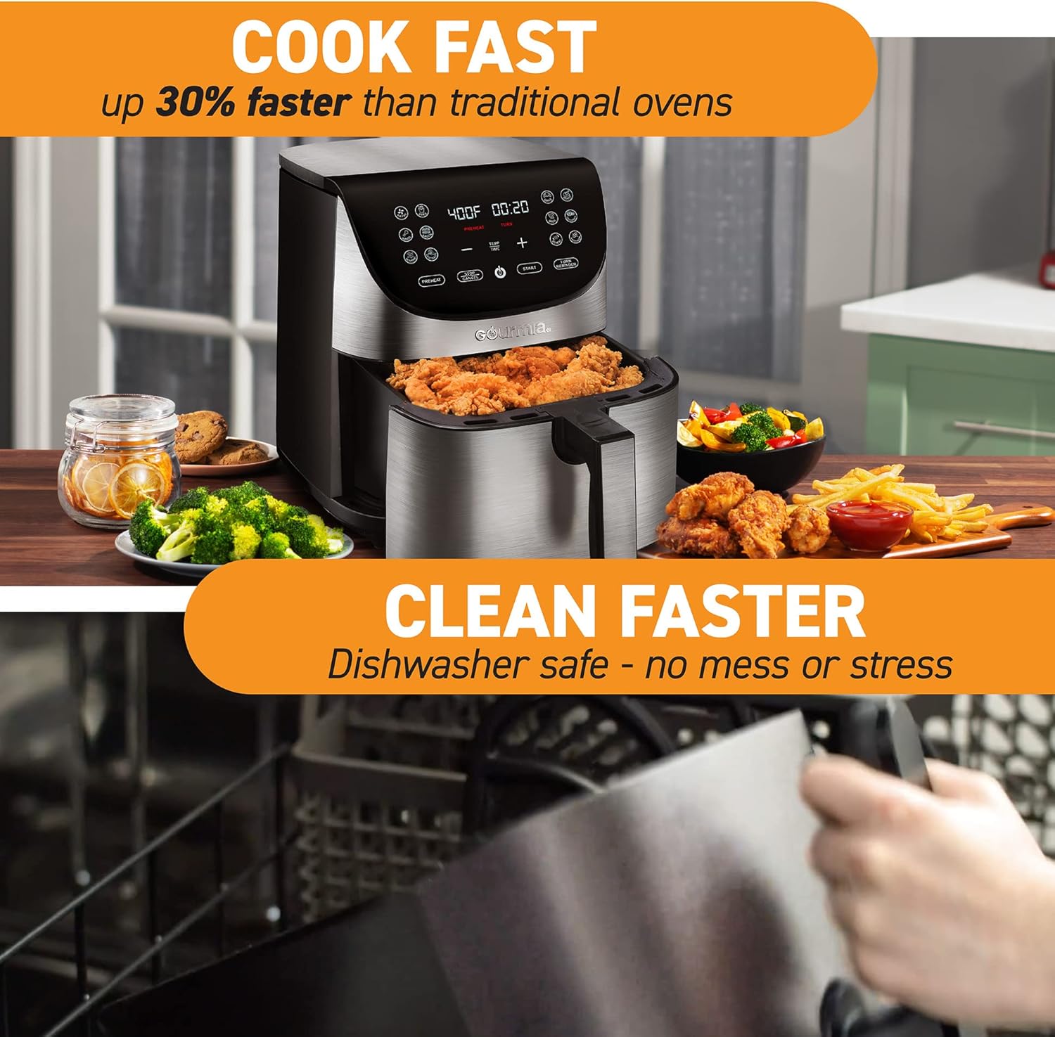 Gourmia Air Fryer Oven Digital Display 7 Quart Large AirFryer Cooker 12 Touch Cooking Presets, XL Air Fryer Basket 1700w Power Multifunction GAF778 Black and stainless steel air fryer FryForce 360°