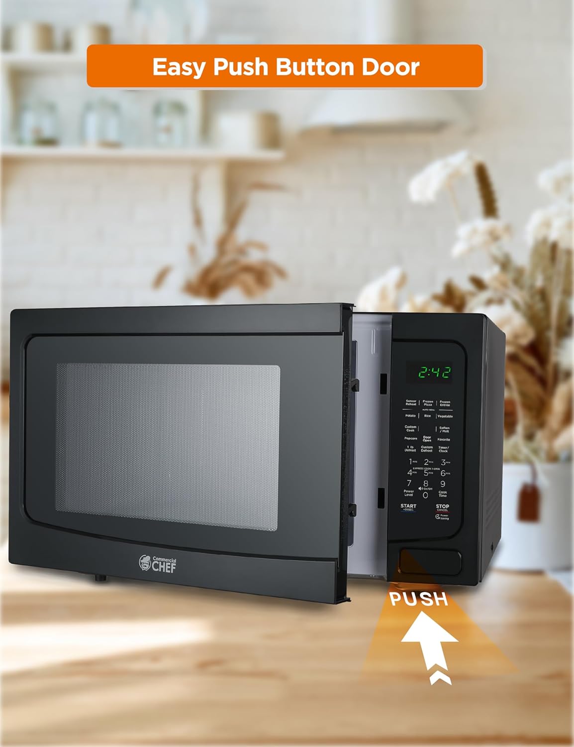 COMMERCIAL CHEF 1.6 Cubic Foot Microwave with 10 Power Levels, Small Microwave with Push Button Child Safety Lock, 1100 Watt Microwave with Digital Control Panels, Countertop Microwave & Timer, Black