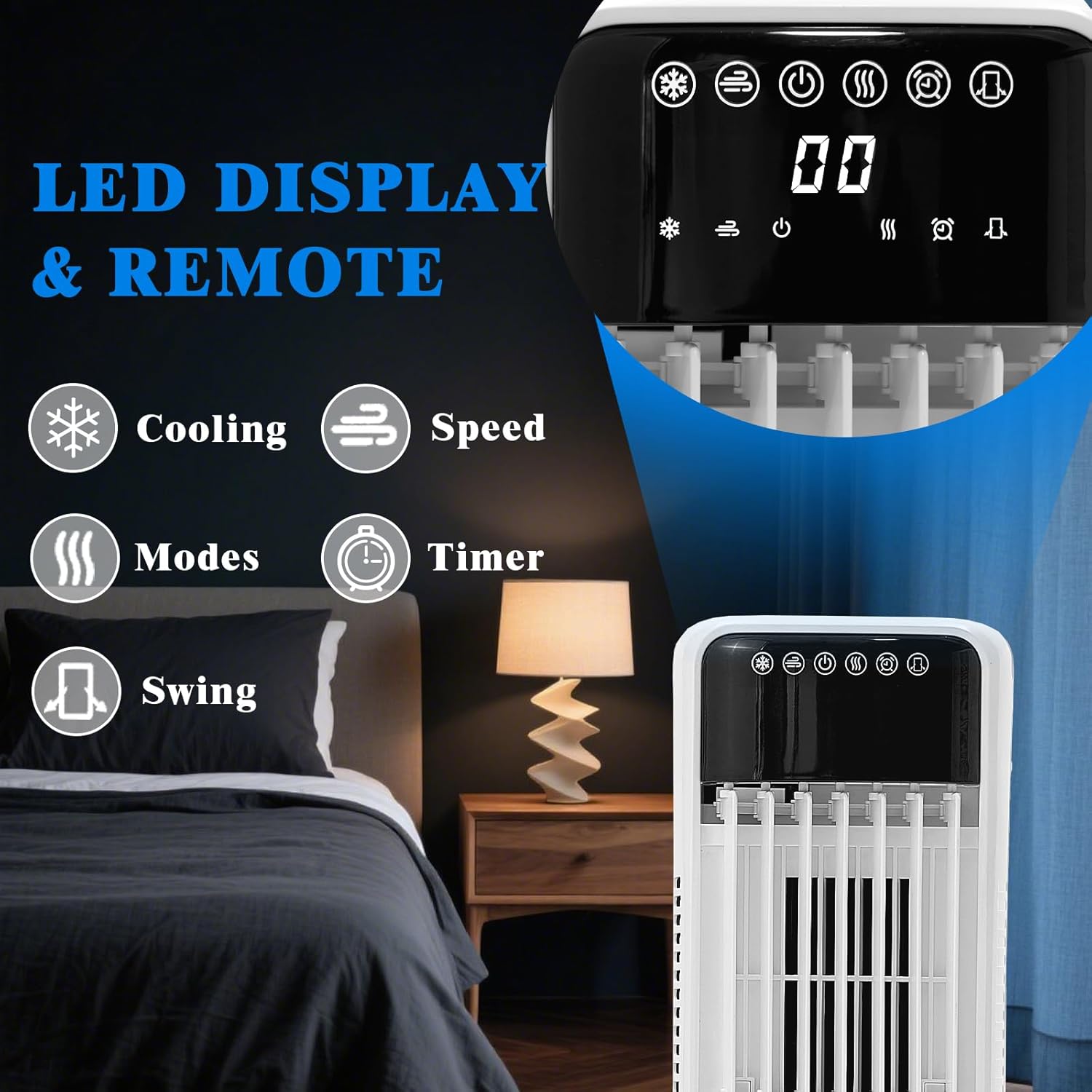 Portable Air Conditioner for Home Office Outdoor, Evaporative Swamp Cooler with 3Gal Water Tank, 120° Oscillation Cooling Fan with Remote 2 Modes 3 Speeds, 12H Timer & 4 Ice Packs