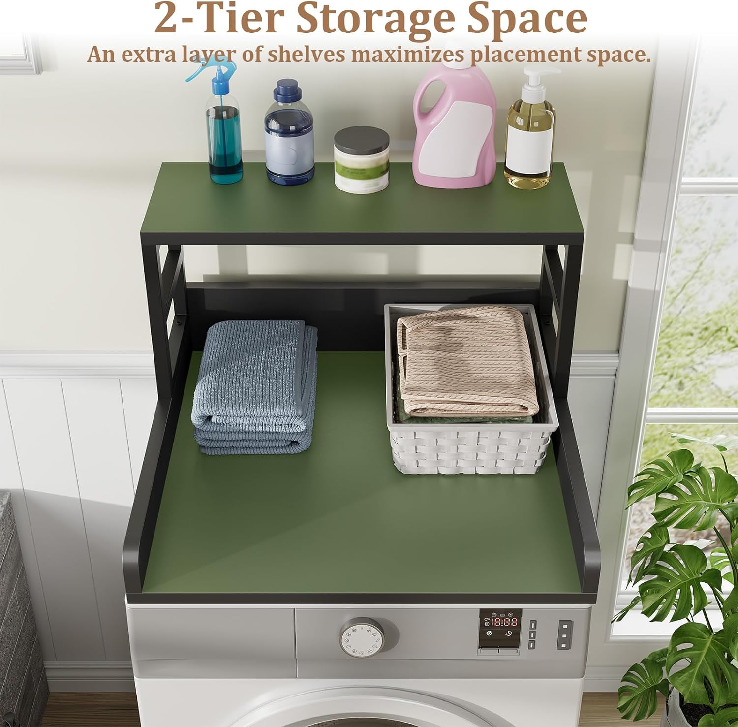 Washer Dryer Countertop with Shelf, 23.62″D x 23.62″W x 16.57″H, Countertop for Washer and Dryer Top with Non-Slip Pads and Edge Rails, Laundry Room Storage and Organization(Black)