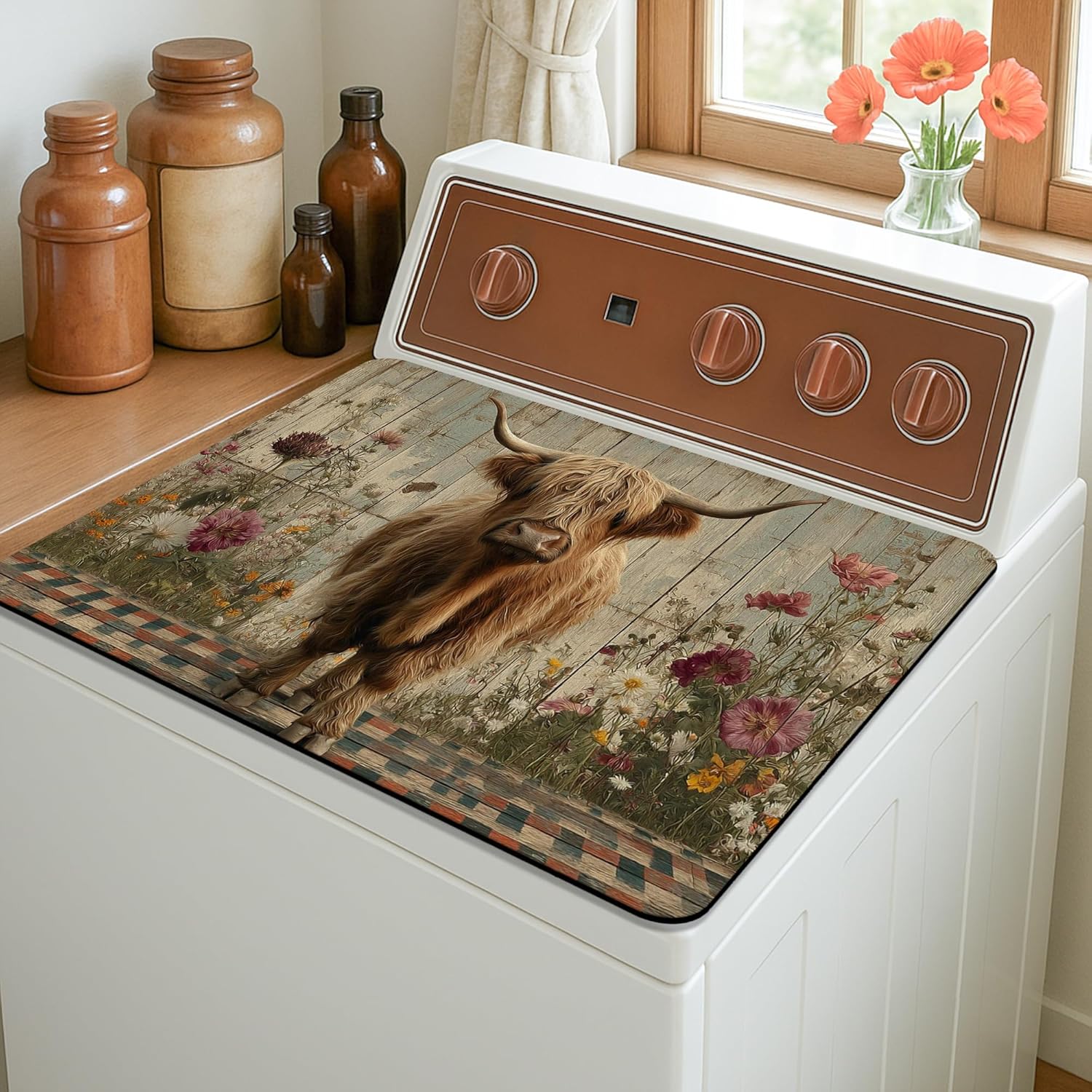 Highland Cow Washer Dryer Top Protector Mat, Vintage Rustic Floral Laundry Machine Dust Cover, Autumn Rubber Anti-slip Waterproof Mats for Home 20x24 Inch