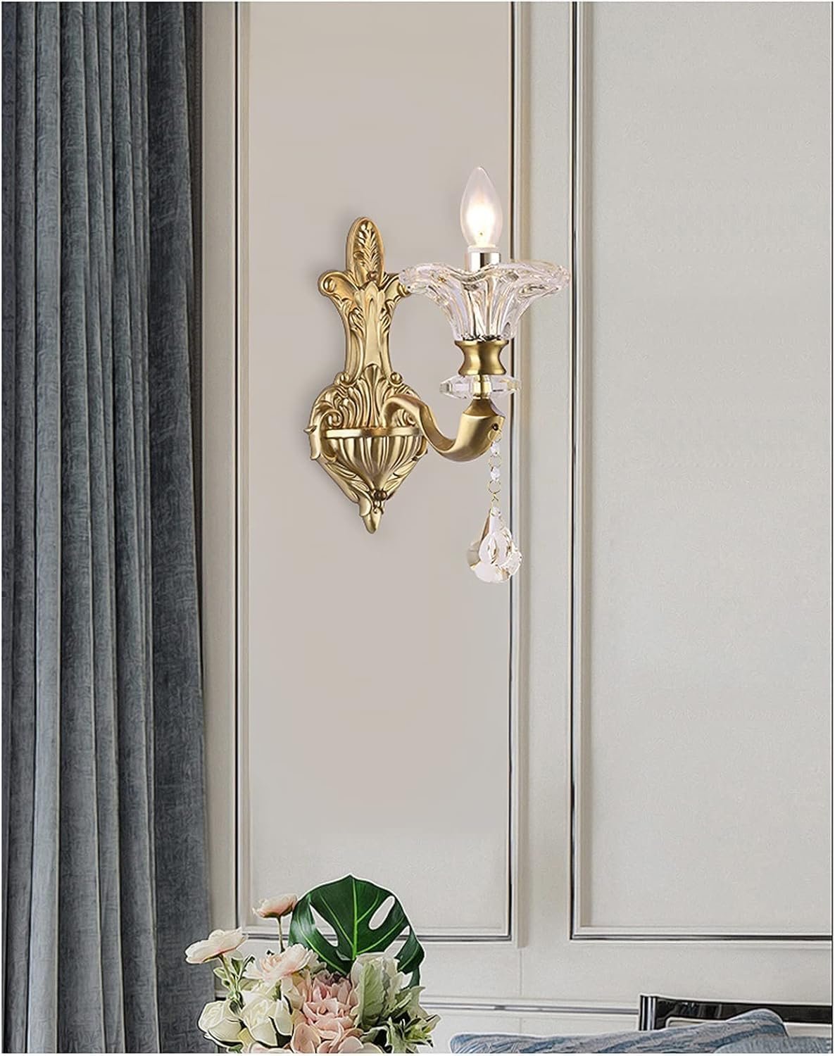 Modern LED Wall Sconces, Indoor European Style Candle Crystal Copper Living Room TV Background Decoration Light Luxury Bedroom Bedside Lamp,Household